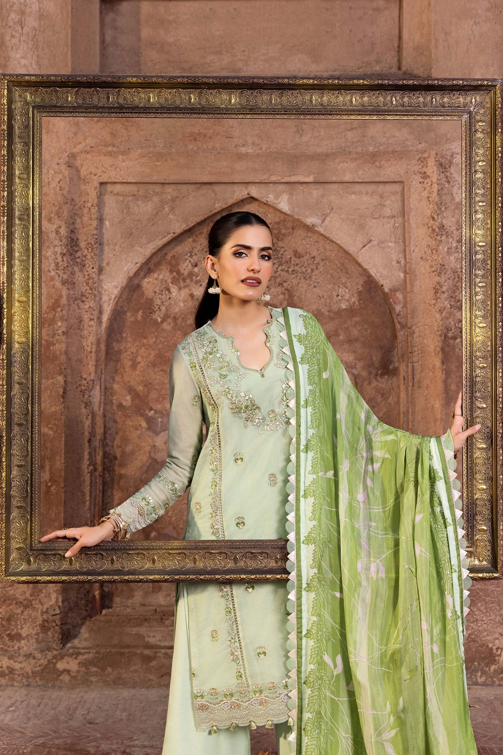 3 Pc Unstitched Embroidered Silk Cotton Net Suit - Image 2