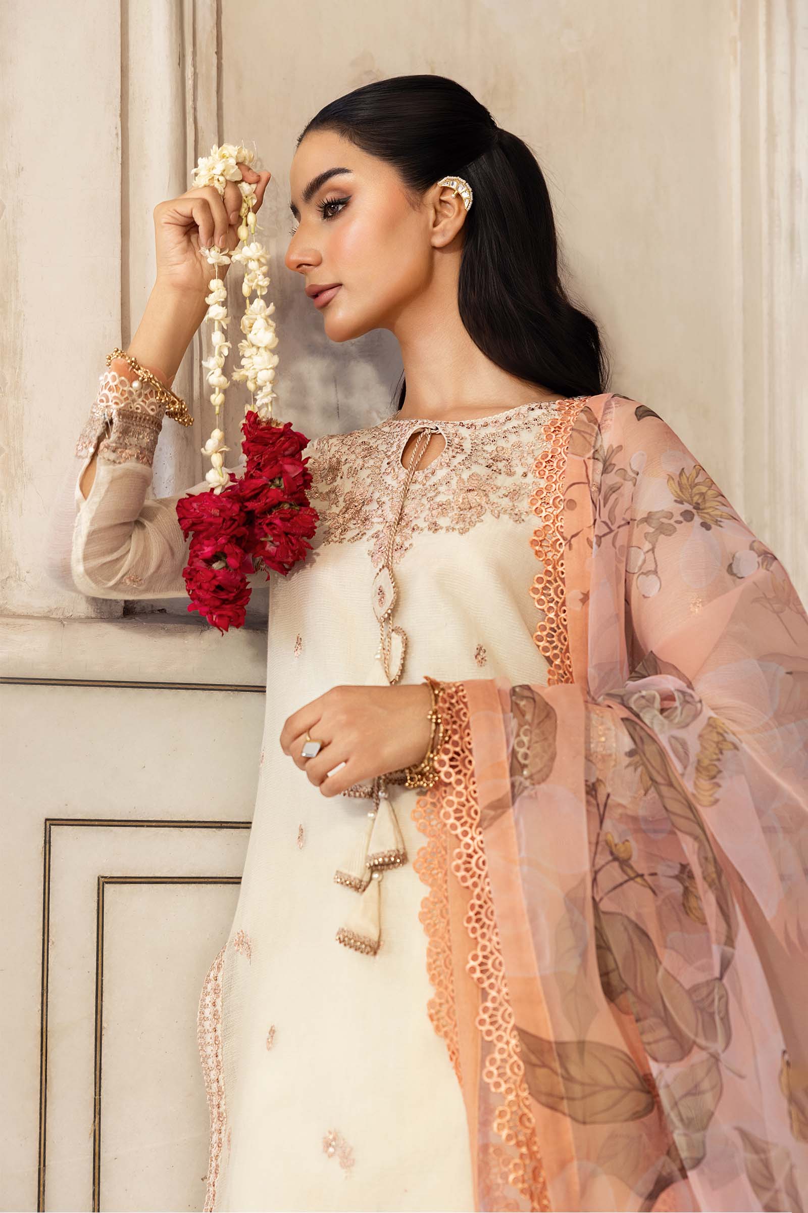 3 Pc Unstitched Embroidered Silk Cotton Net Suit - Image 3