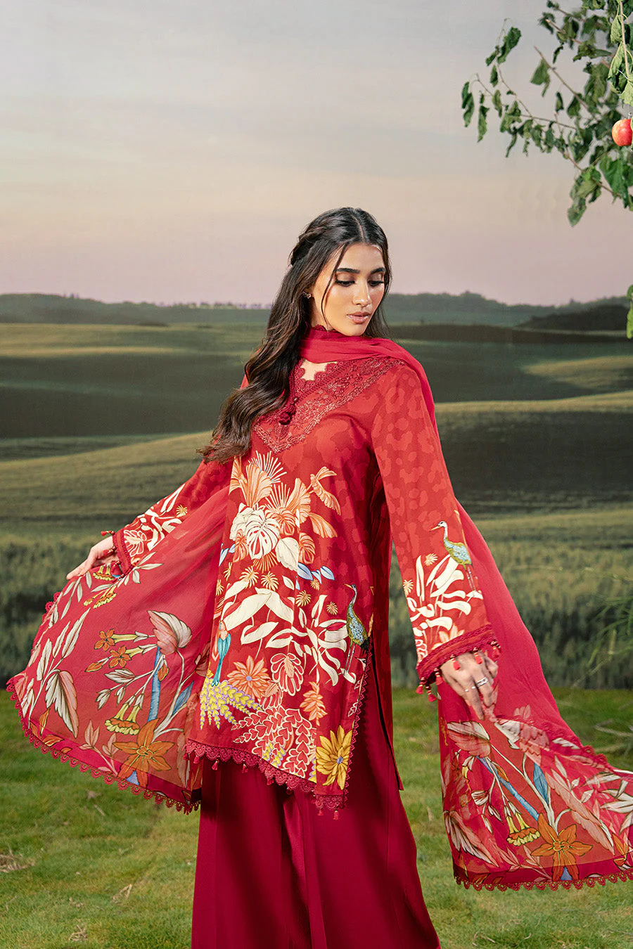 3 Pc Unstitched Embroidered Arabic Lawn Suit | MB-PFUS25-05B - Image 2
