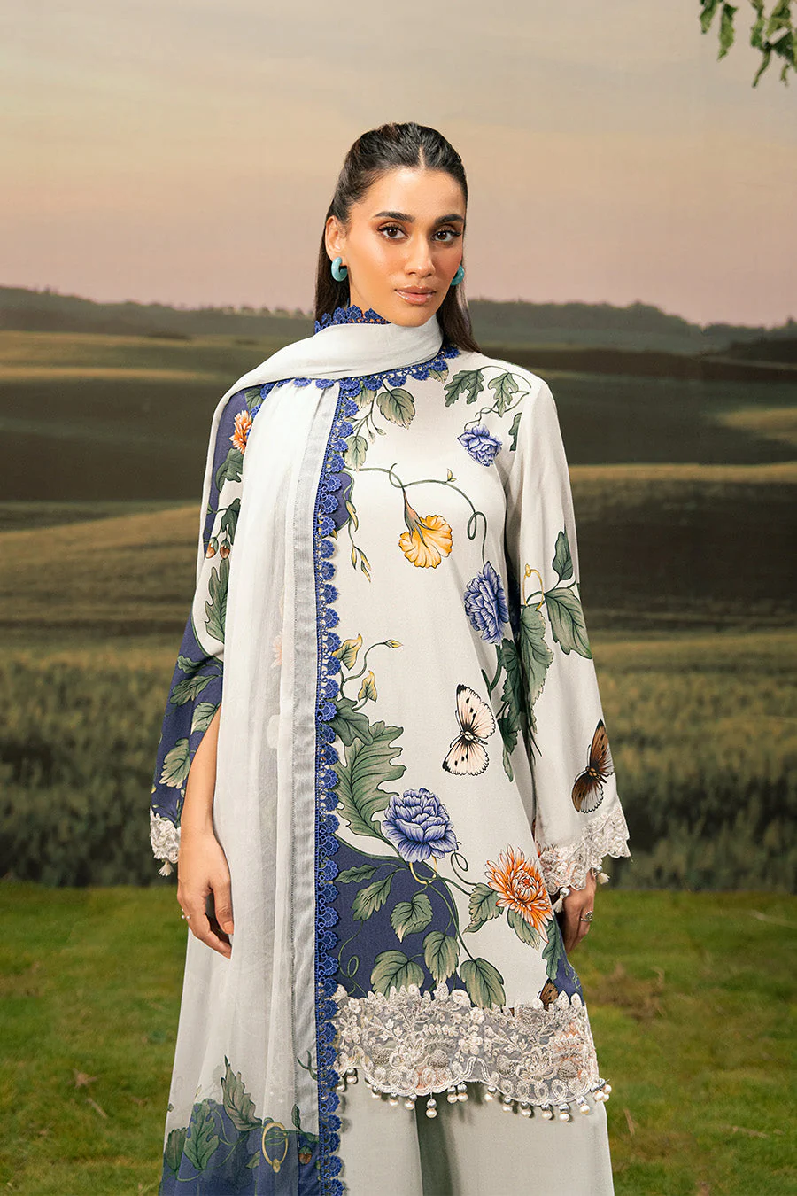 3 Pc Unstitched Embroidered Arabic Lawn Suit | MB-PFUS25-07B - Image 2