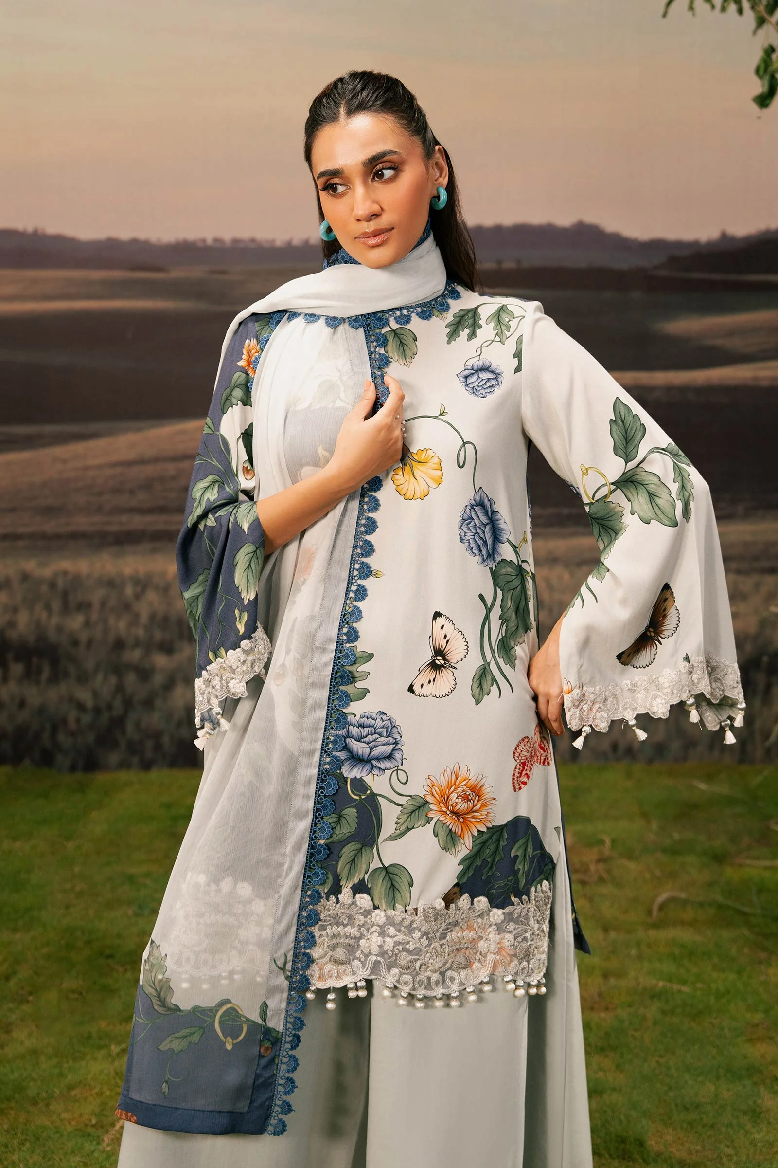 3 Pc Unstitched Embroidered Arabic Lawn Suit | MB-PFUS25-07B - Image 4