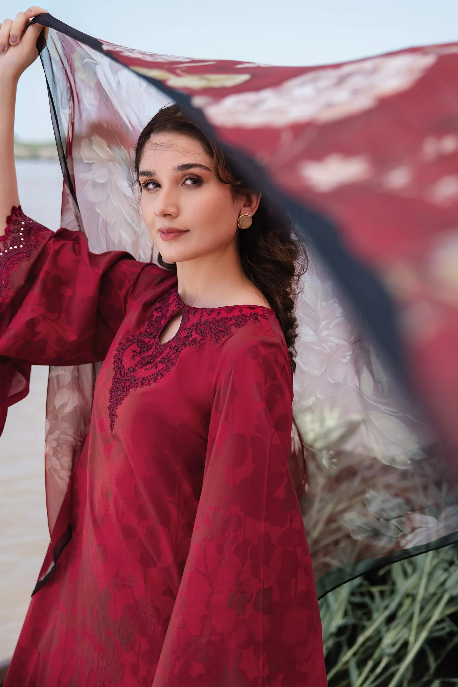 3 Piece Unstitched Embroidered Suit | 411-A - Image 2