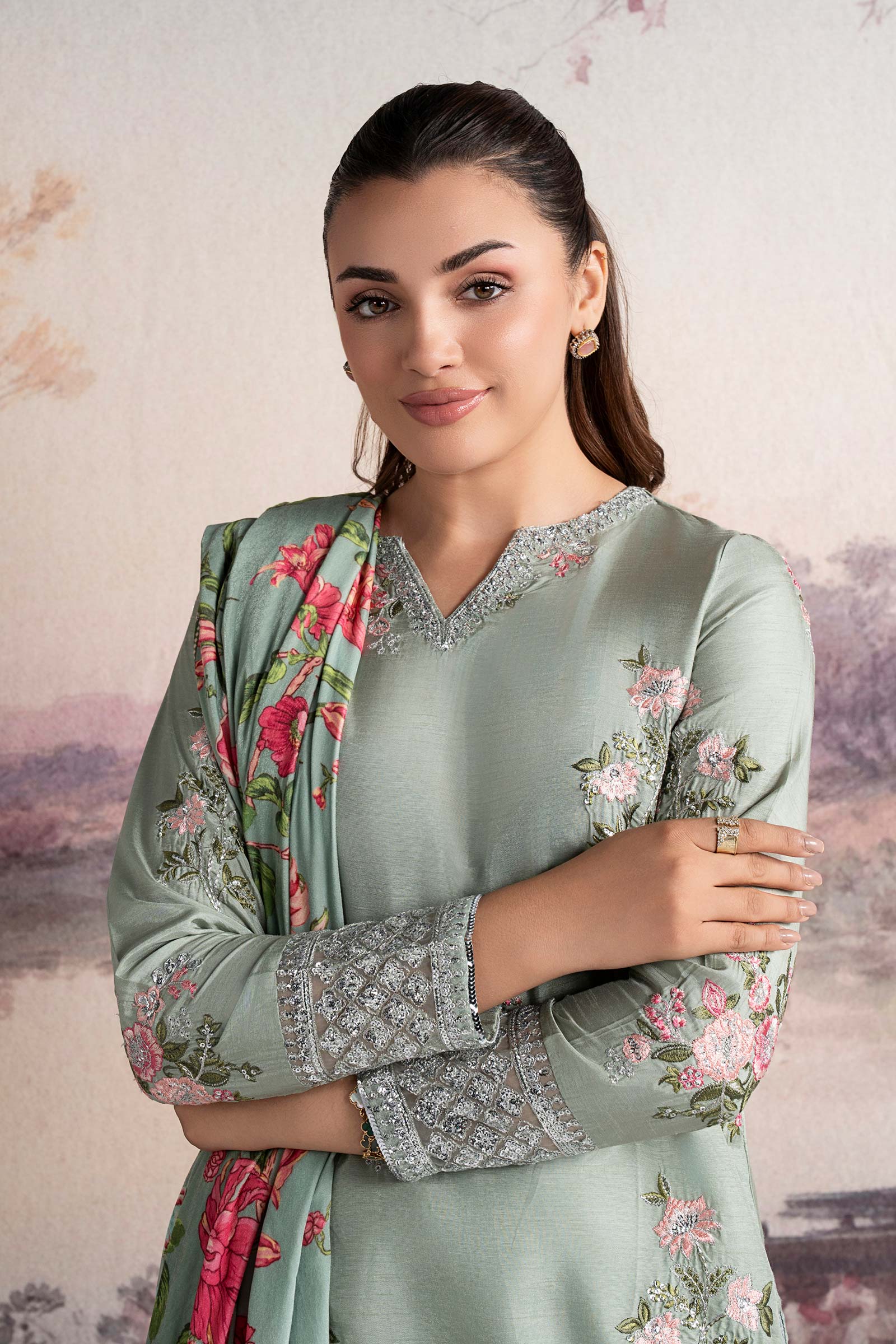 3 Pc Embroidered Raw Silk Suit - Image 2
