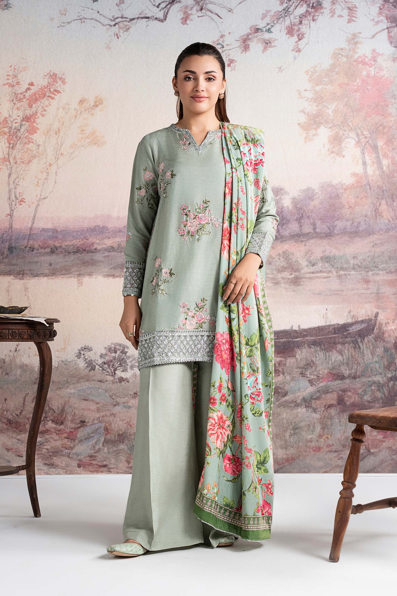3 Pc Embroidered Raw Silk Suit - Image 3
