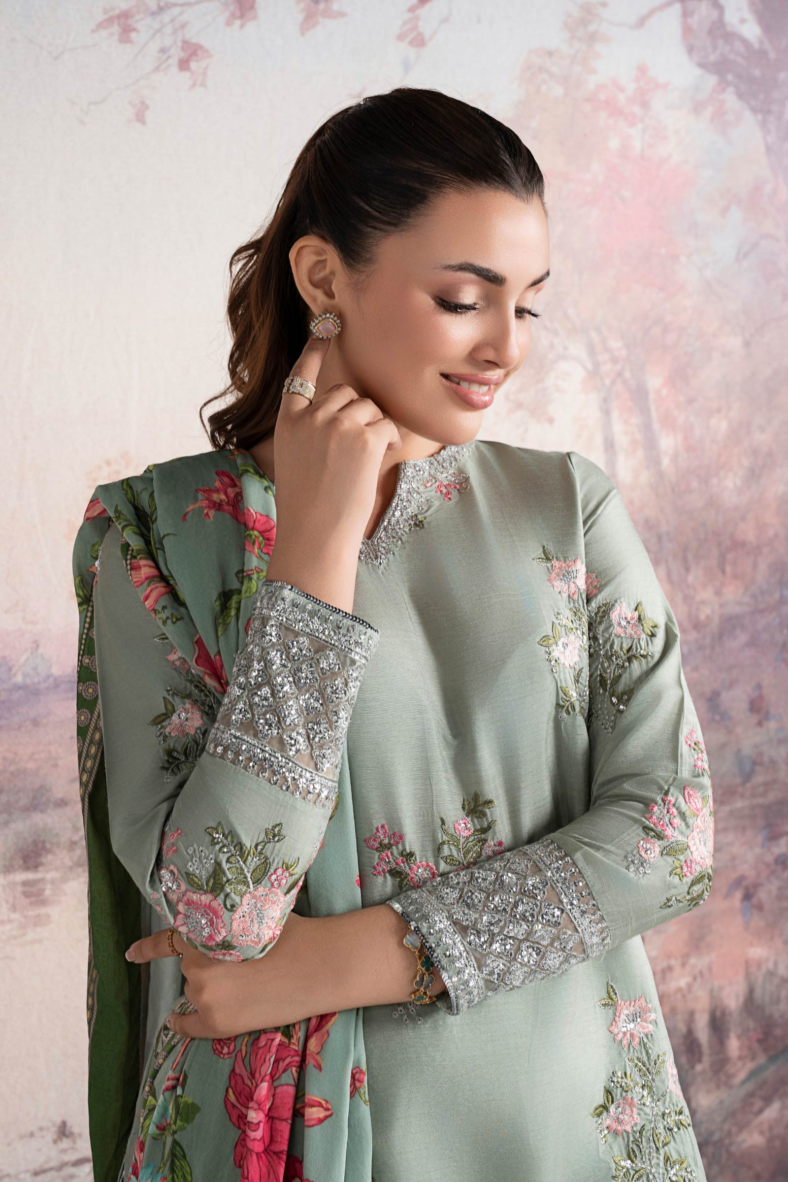 3 Pc Embroidered Raw Silk Suit - Image 4