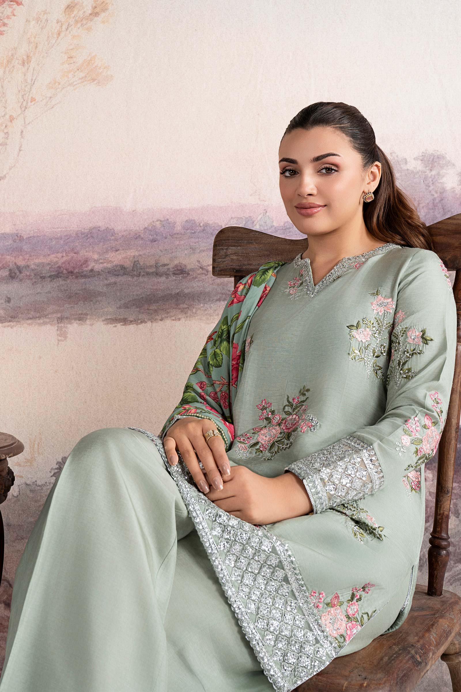 3 Pc Embroidered Raw Silk Suit - Image 5