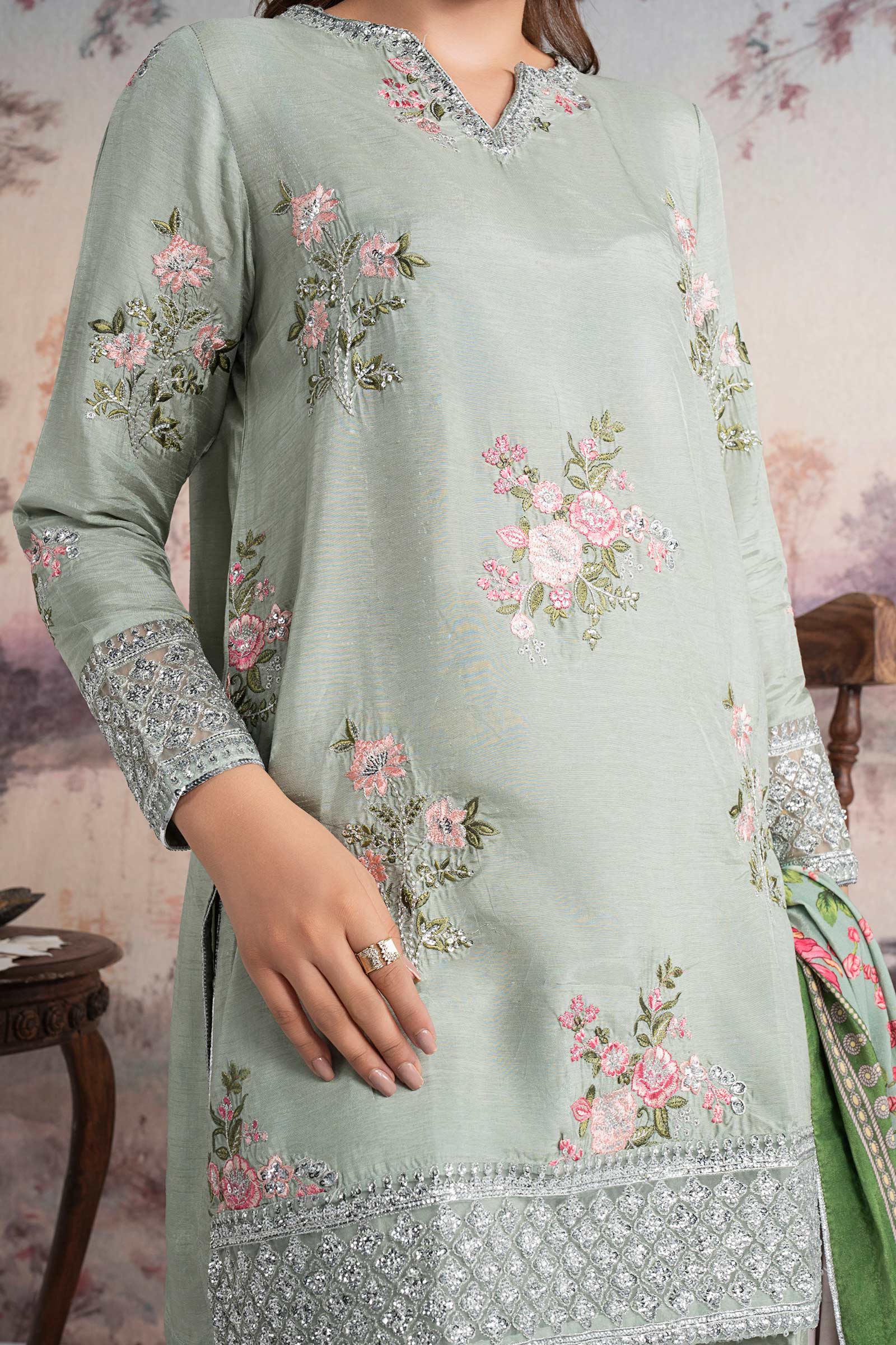 3 Pc Embroidered Raw Silk Suit - Image 6