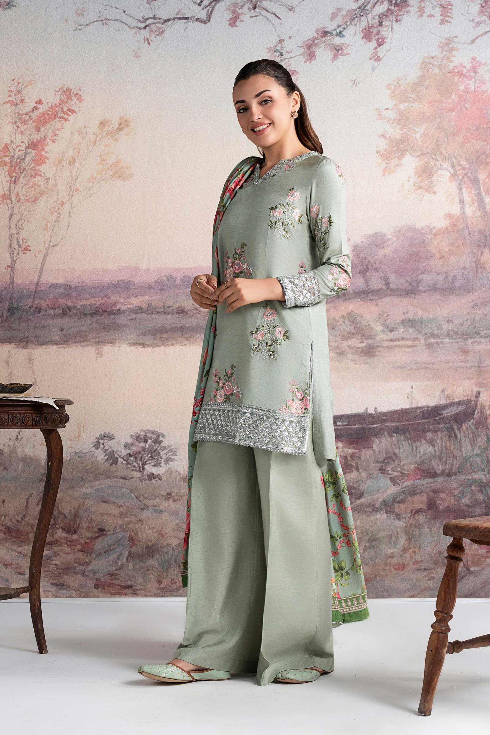 3 Pc Embroidered Raw Silk Suit - Image 7