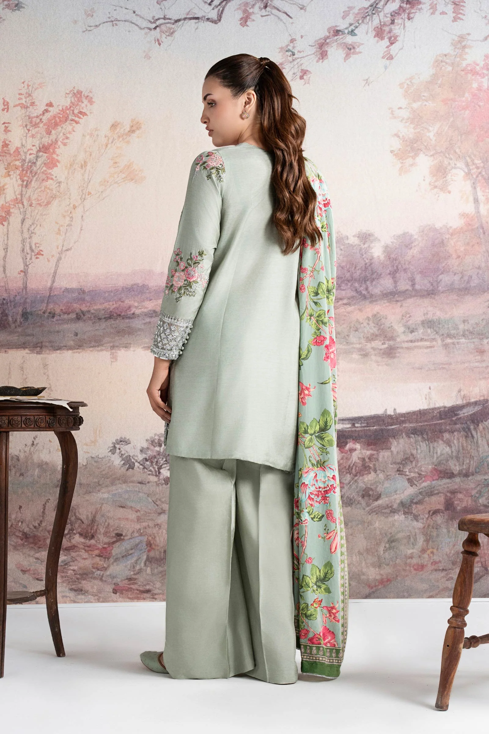 3 Pc Embroidered Raw Silk Suit - Image 8