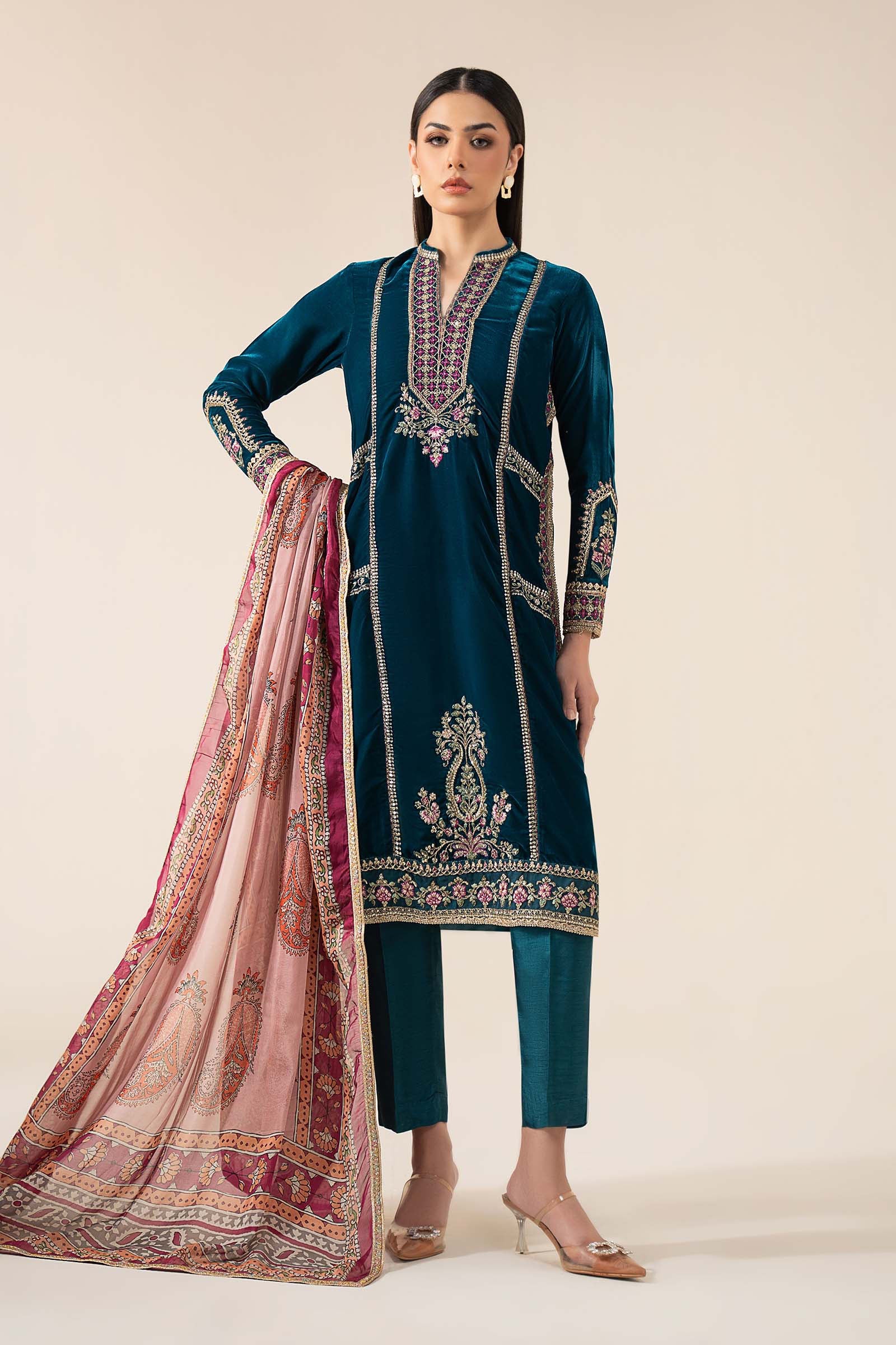 3 Pc Embroidered Velvet Suit