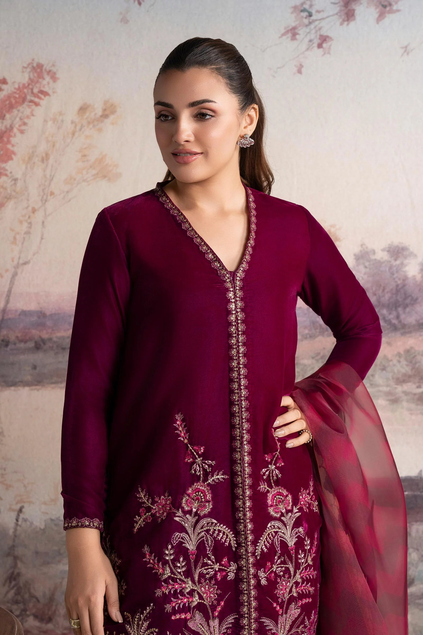 3 Pc Embroidered Velvet Suit - Image 3
