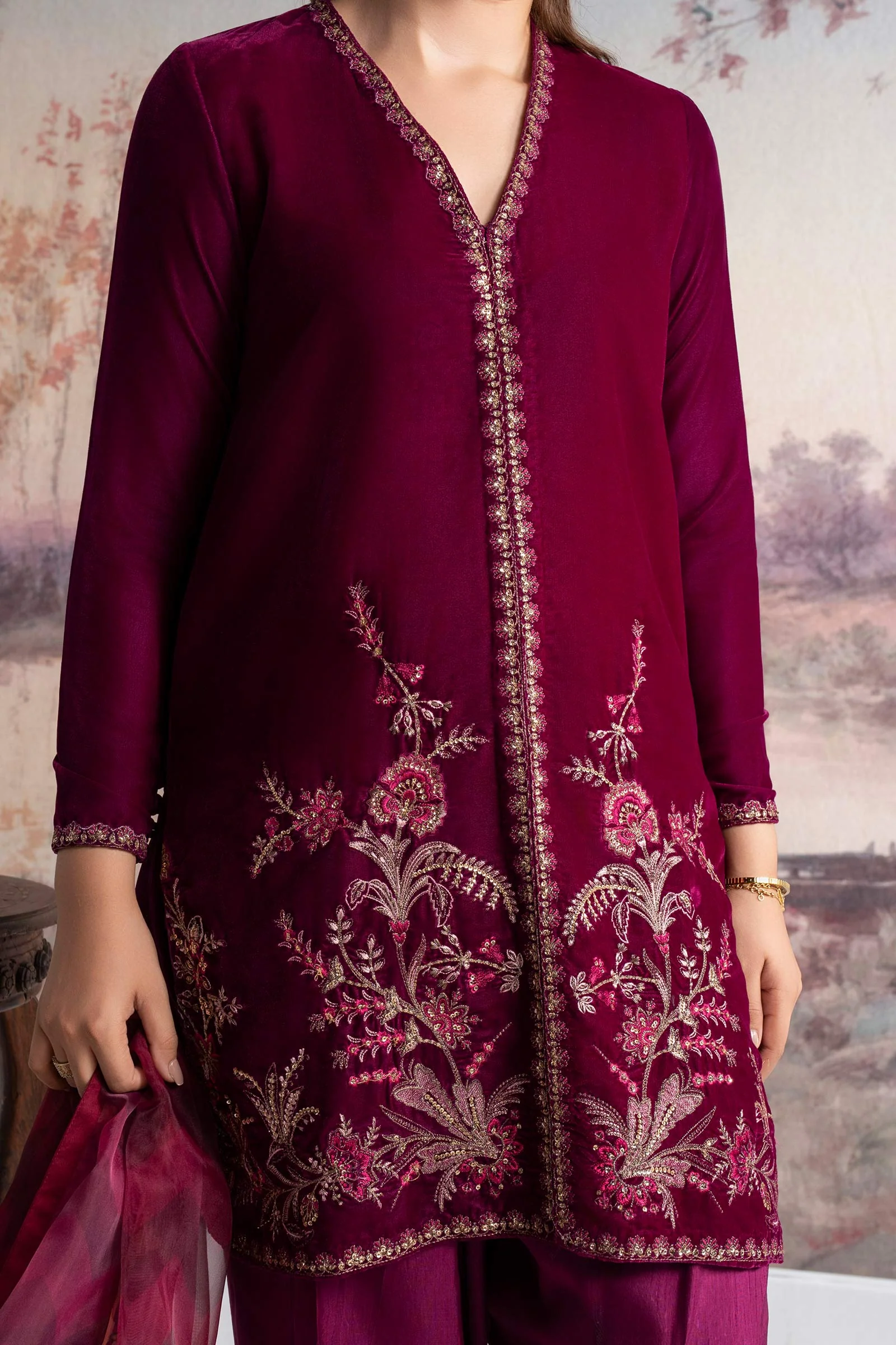 3 Pc Embroidered Velvet Suit - Image 5