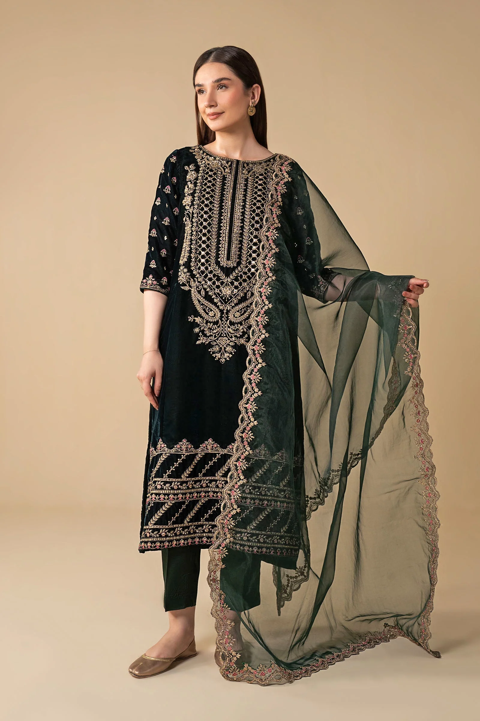3 Pc Embroidered Velvet Suit