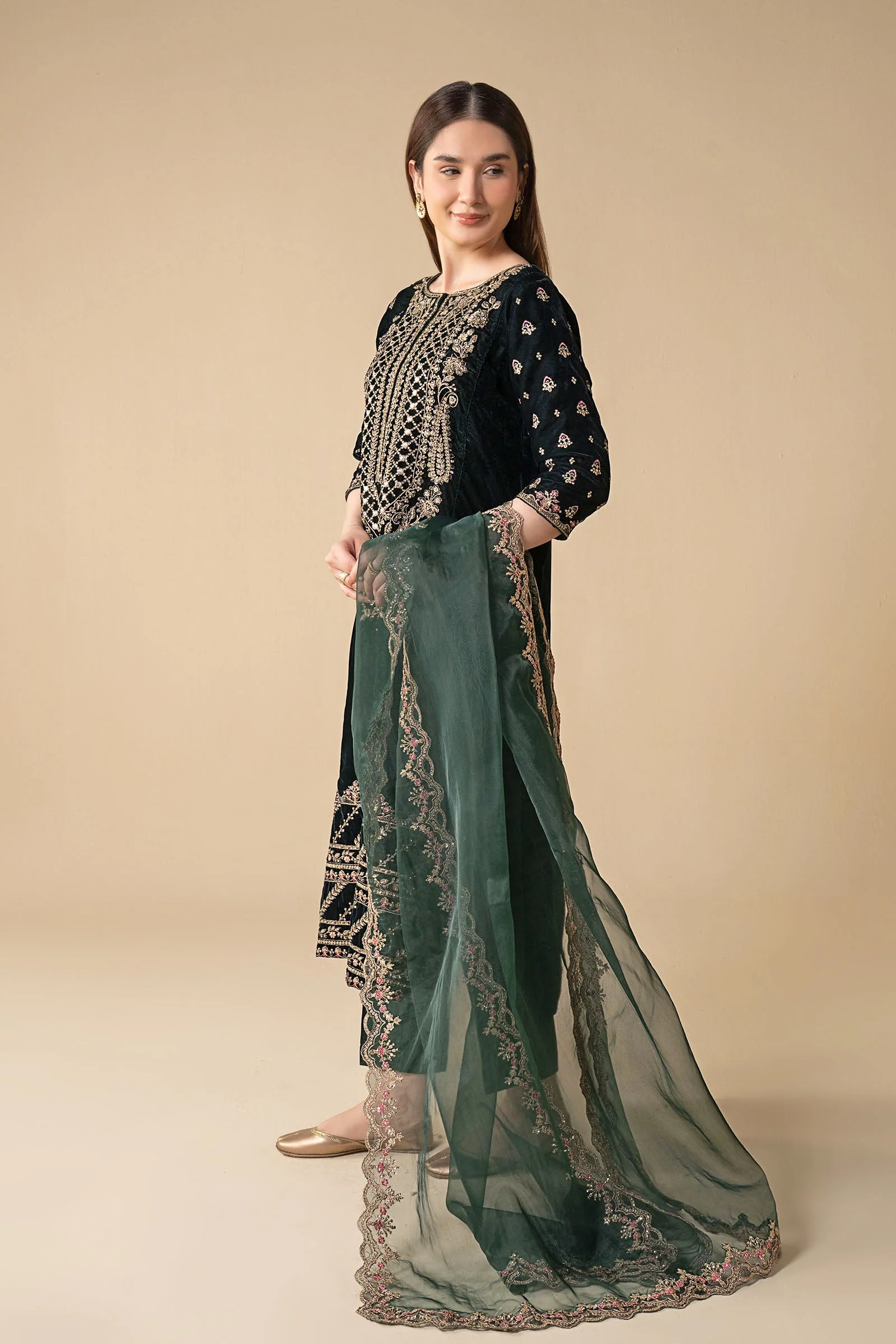3 Pc Embroidered Velvet Suit - Image 2