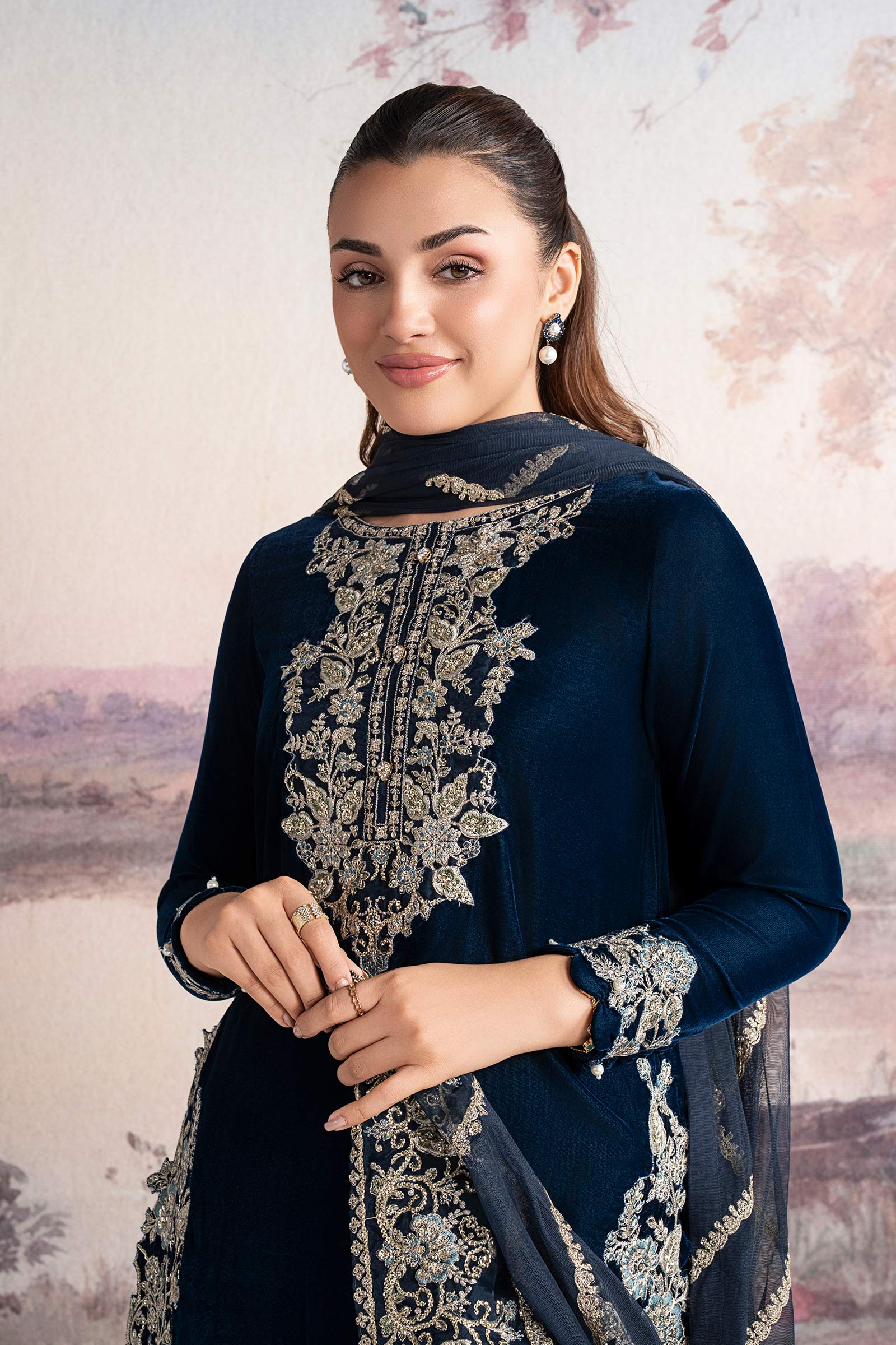 3 Pc Embroidered Velvet Suit - Image 2