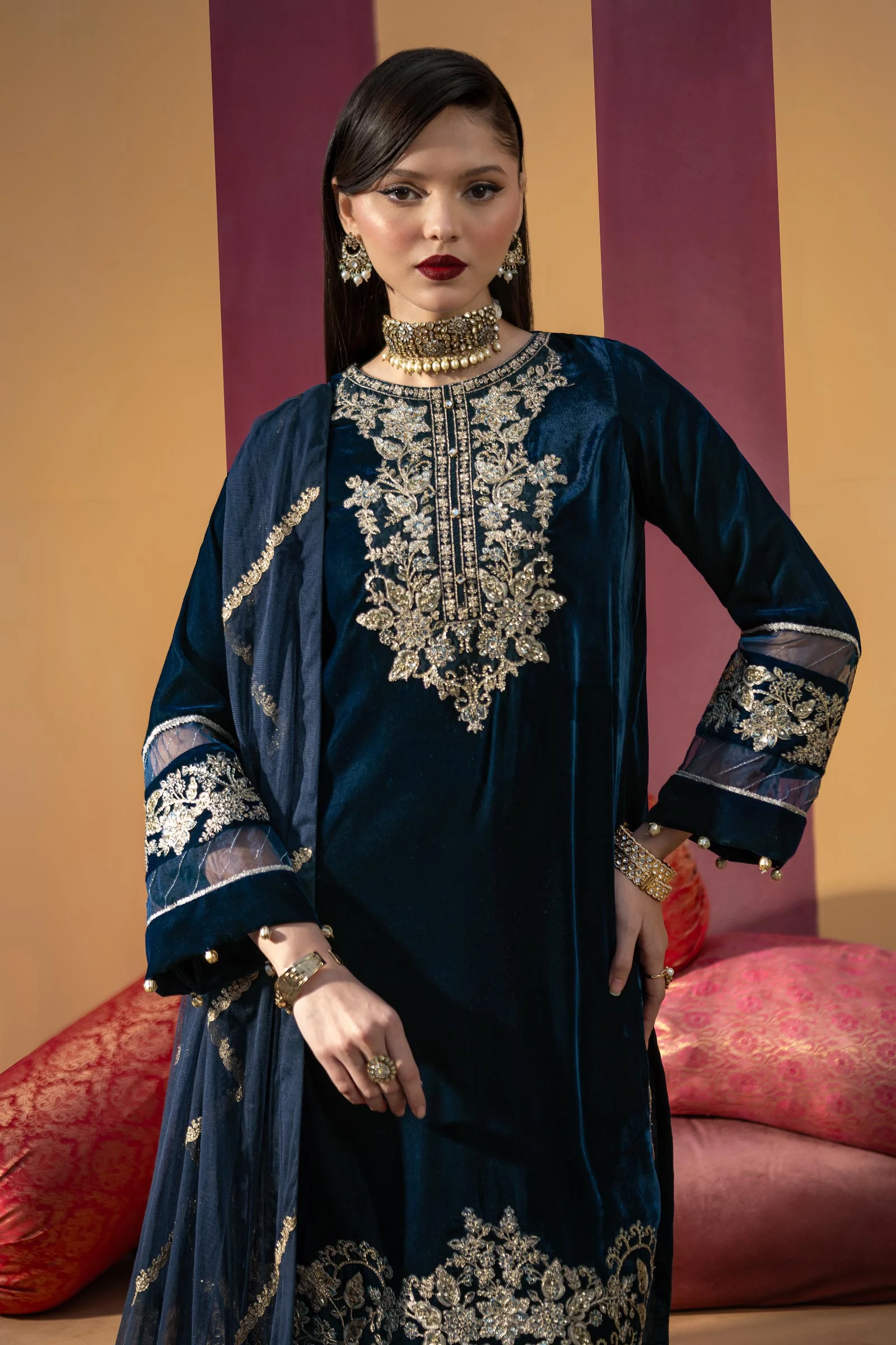 3 Pc Unstitched Dyed Velvet Suit | MB-USW24-607 - Image 2