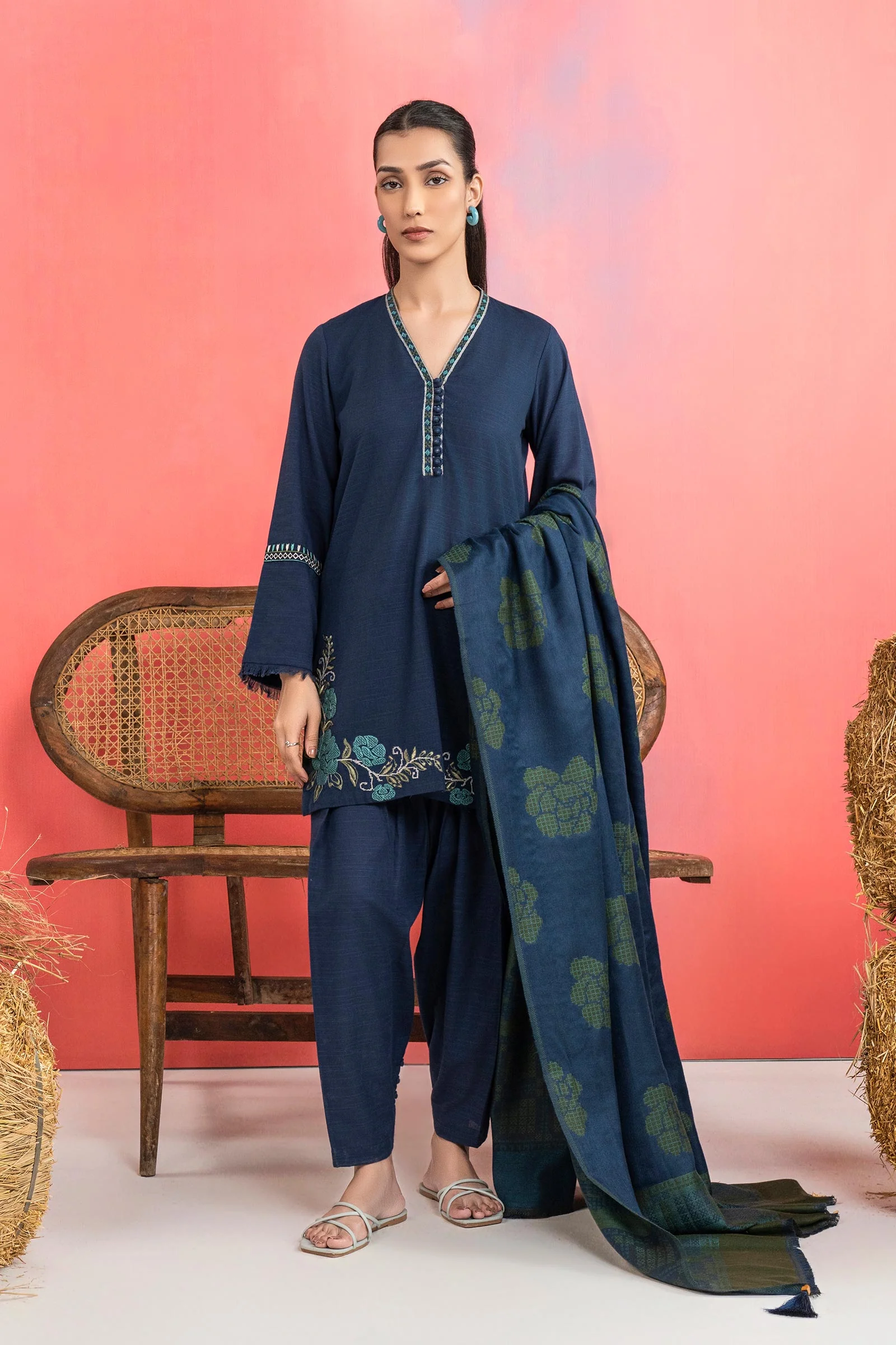 3 Pc Embroidered Slub Khaddar Suit