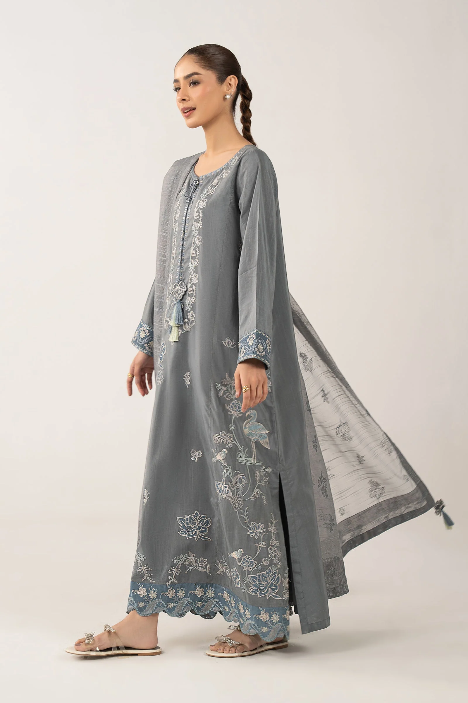 3 Pc Embroidered Shiny Slub Suit