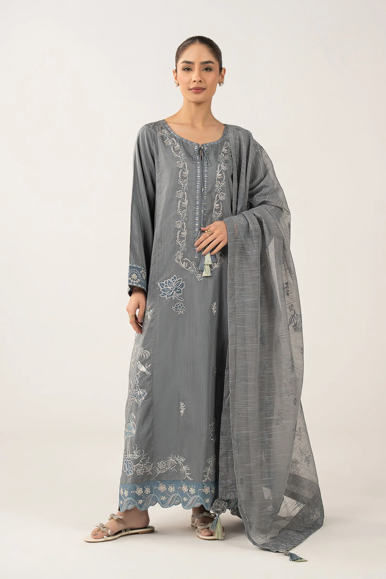 3 Pc Embroidered Shiny Slub Suit - Image 2