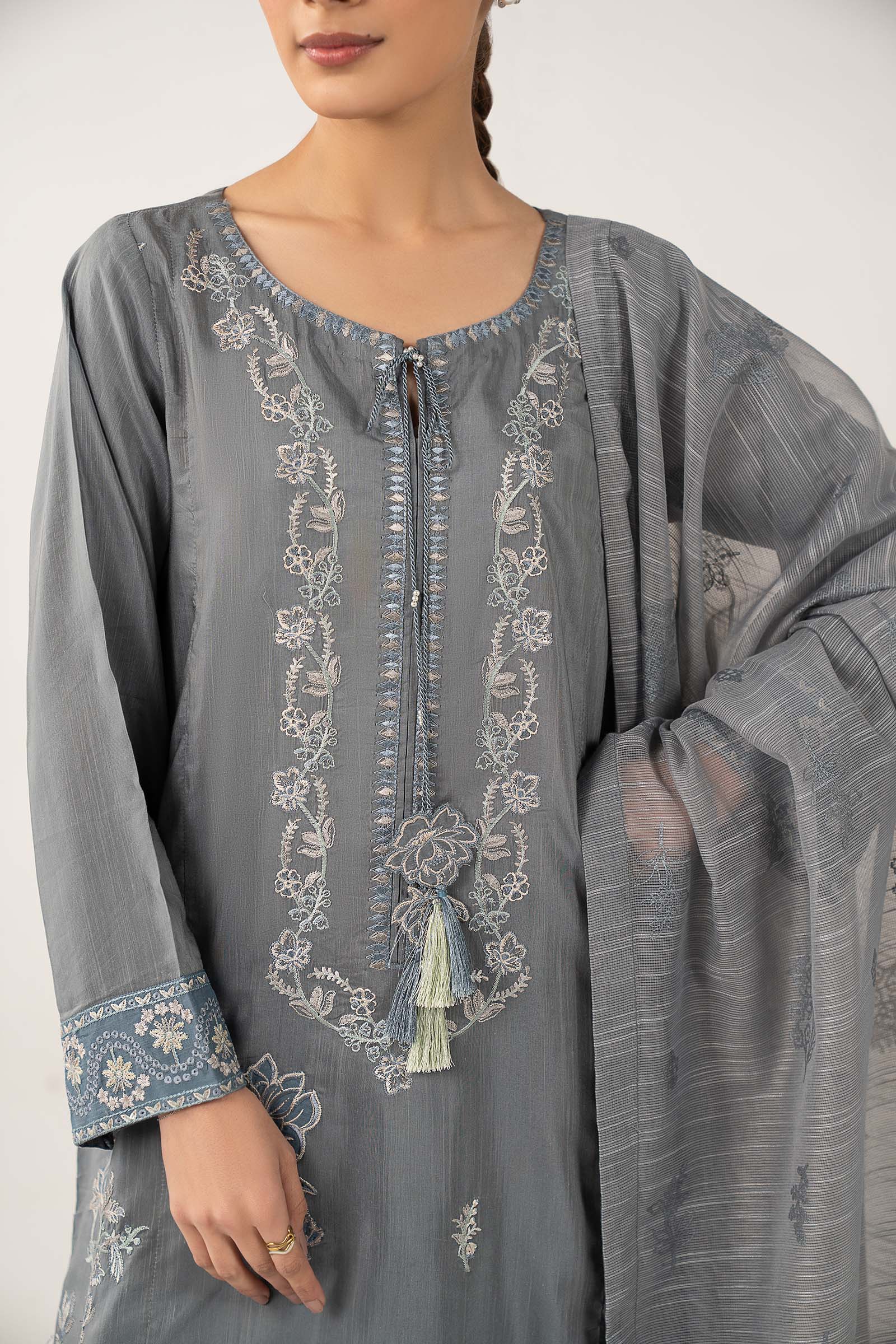 3 Pc Embroidered Shiny Slub Suit - Image 5