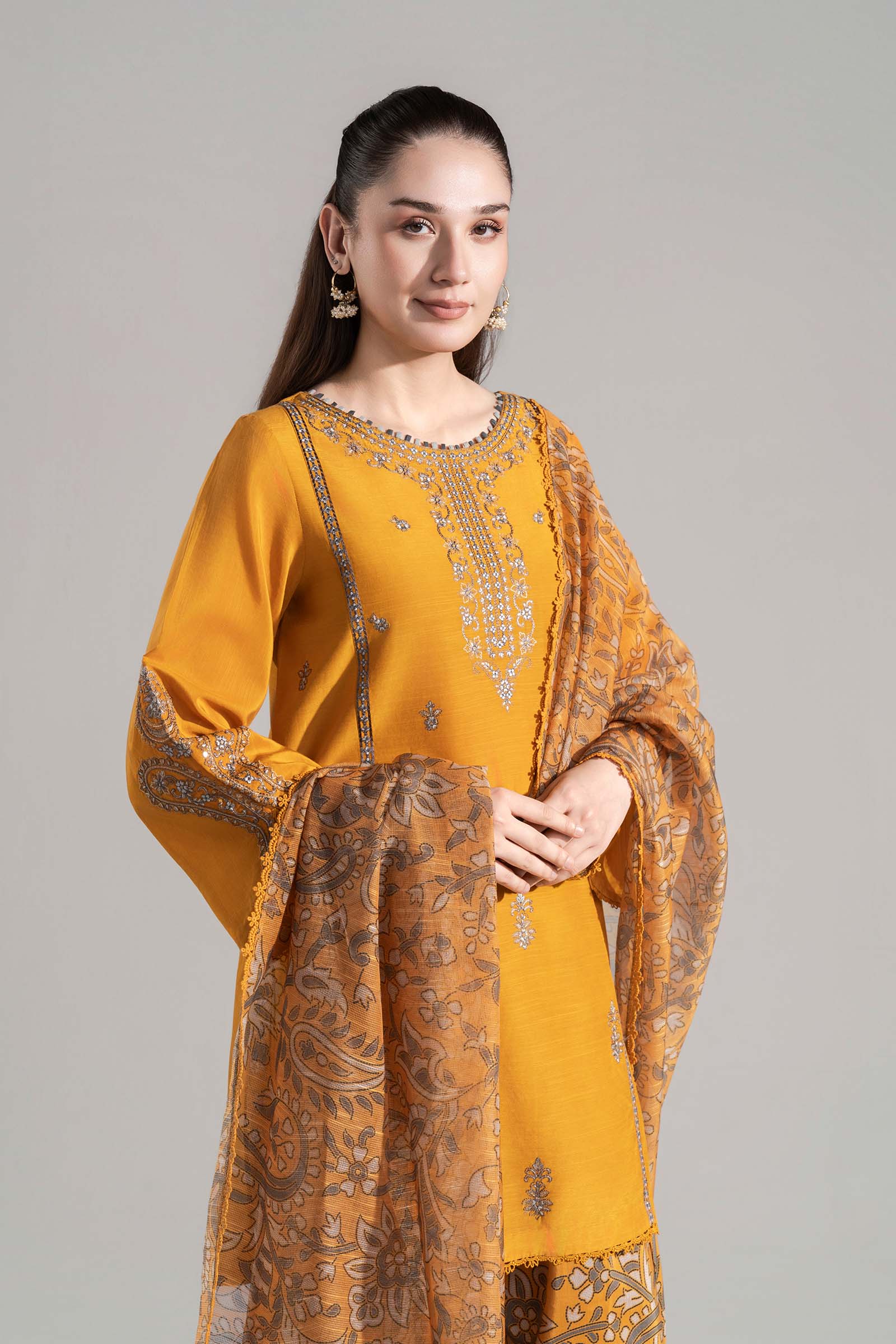 3 Pc Embroidered Shiny Silk Slub Suit - Image 2