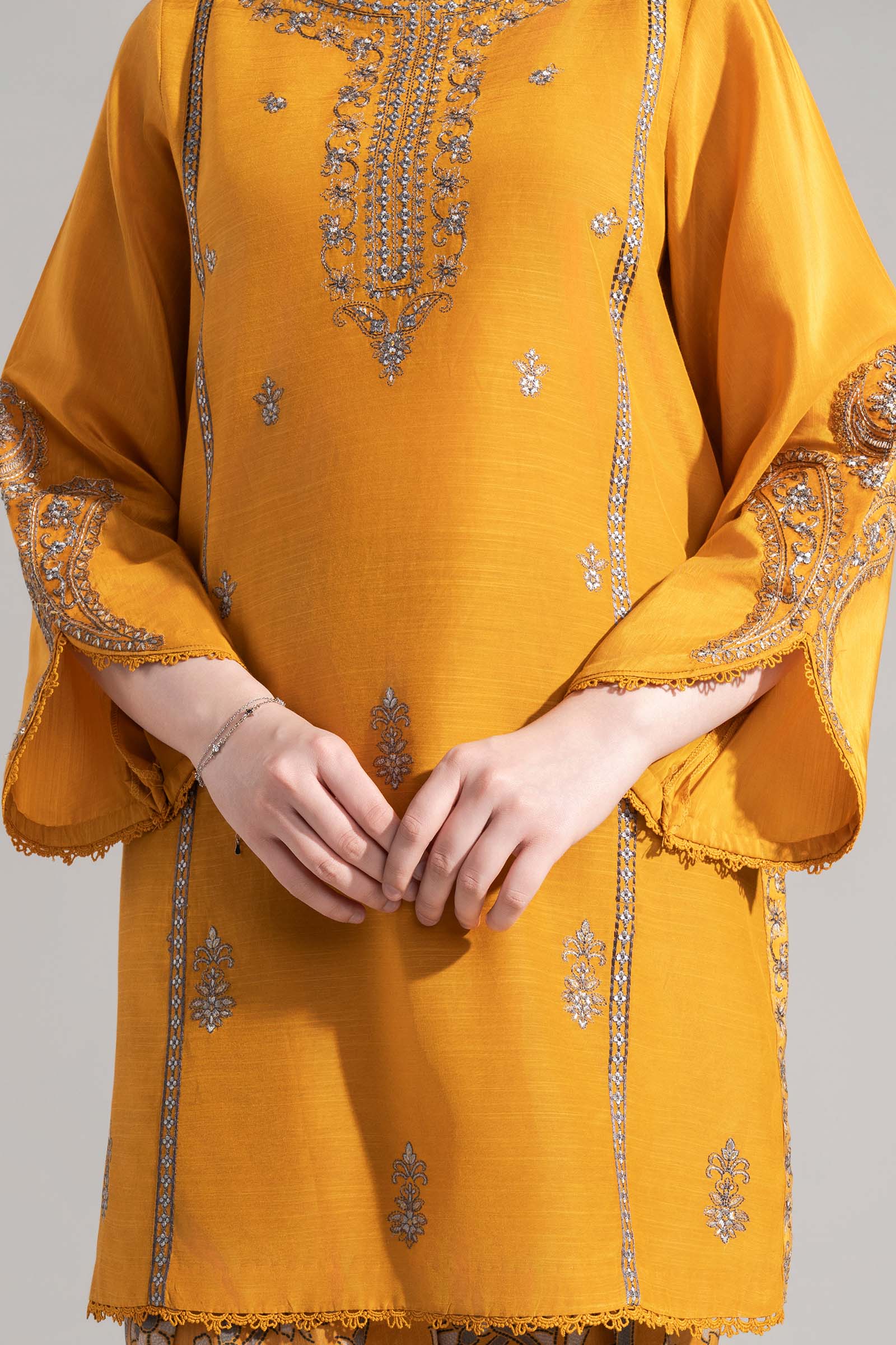 3 Pc Embroidered Shiny Silk Slub Suit - Image 4