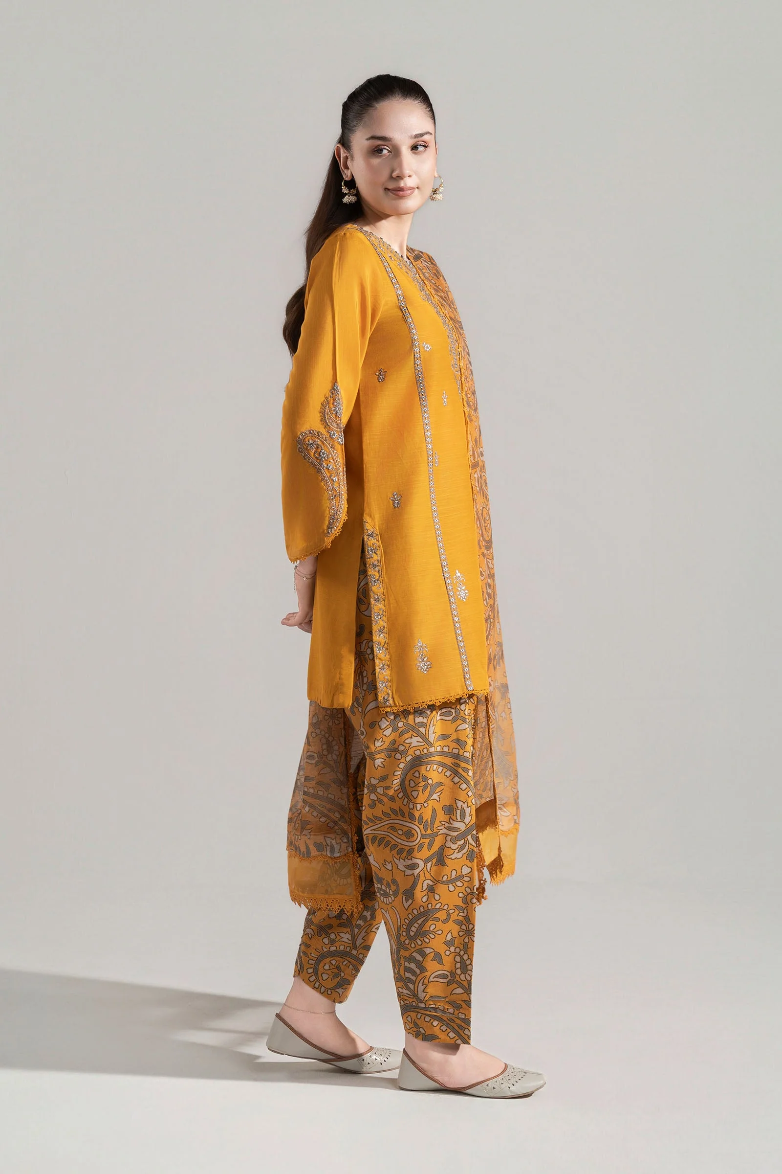 3 Pc Embroidered Shiny Silk Slub Suit - Image 5