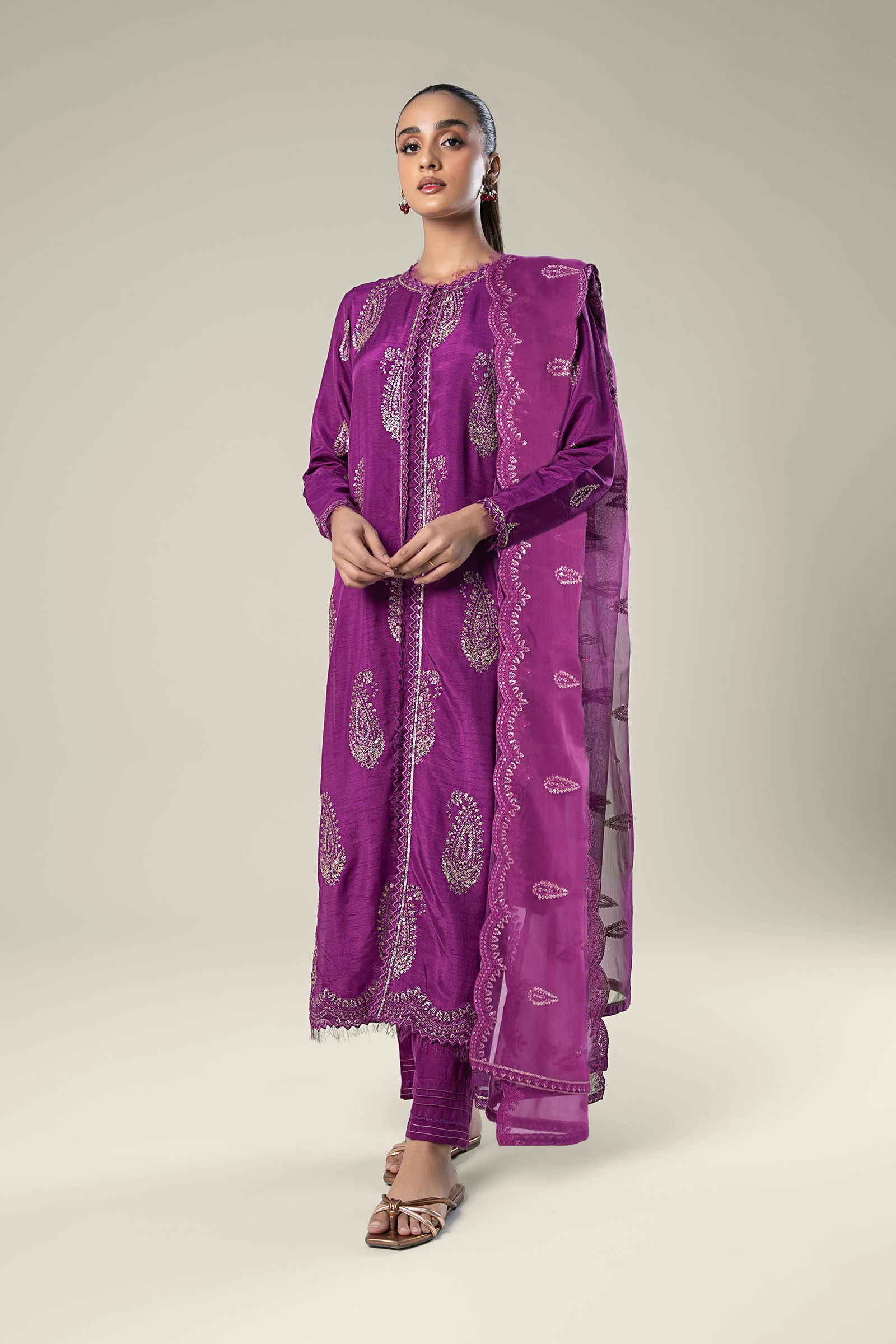 2 Pc Embroidered Raw Silk Suit