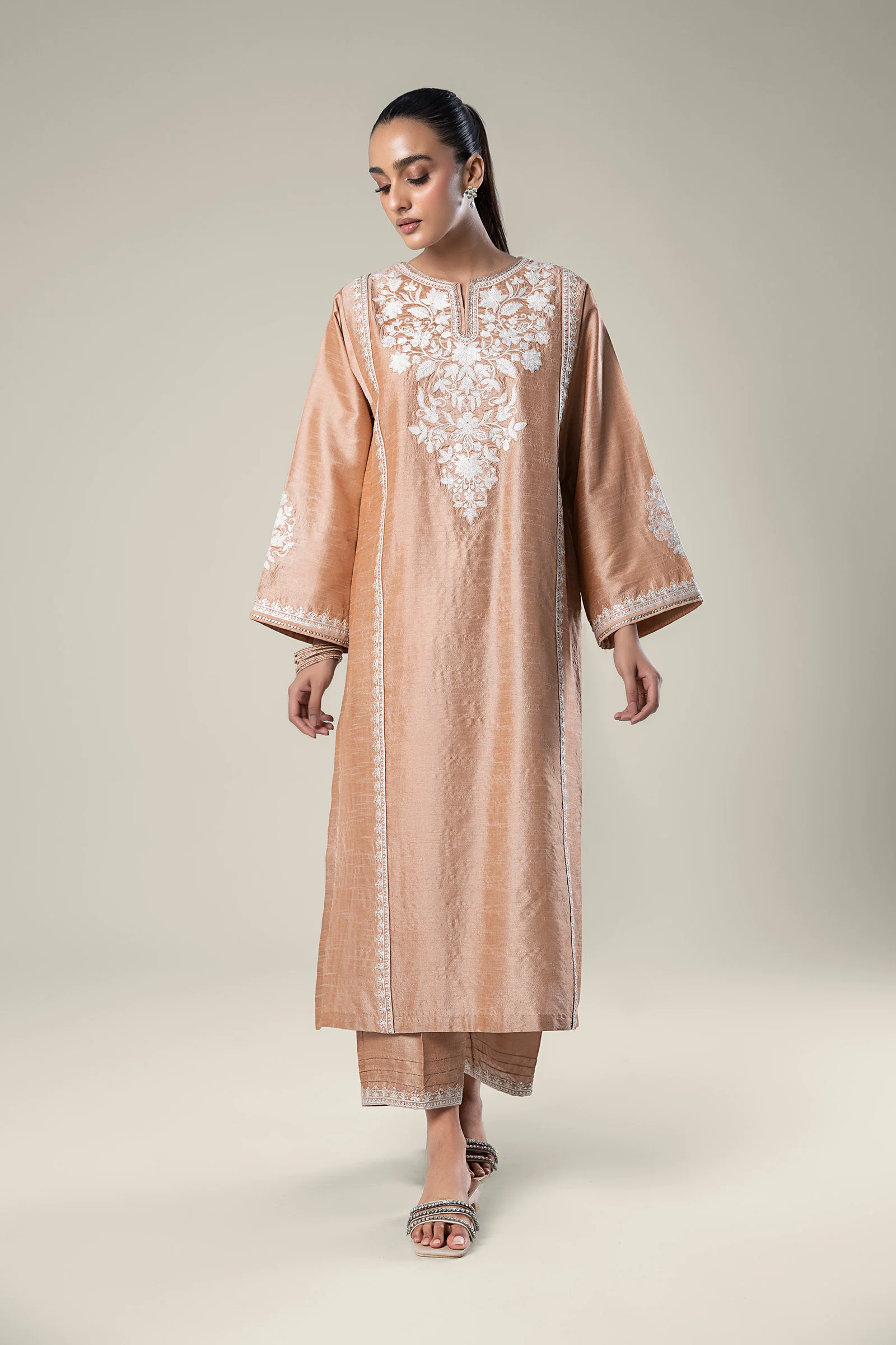 2 Pc Embroidered Tonal Raw Silk Suit