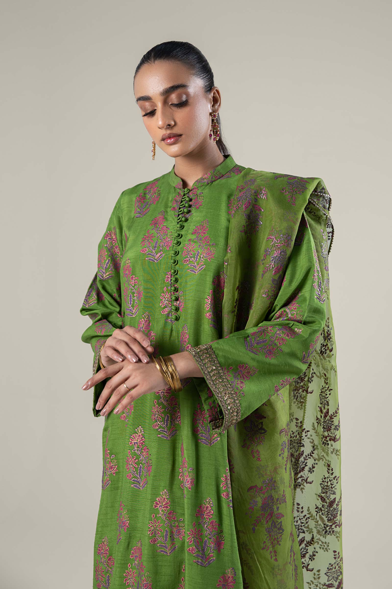 3 Pc Embroidered Raw Silk Suit - Image 2