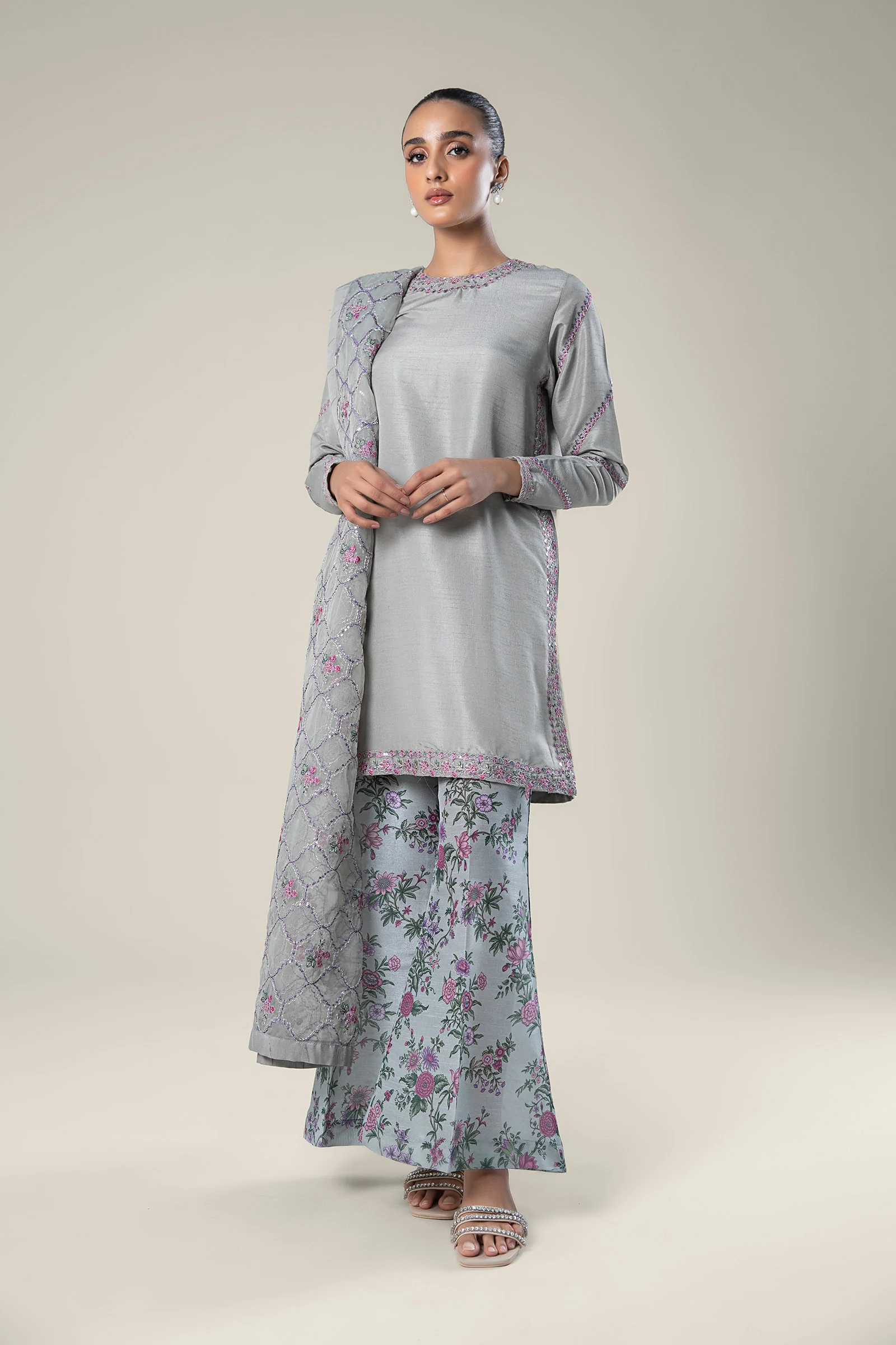 3 Pc Embroidered Raw Silk Suit
