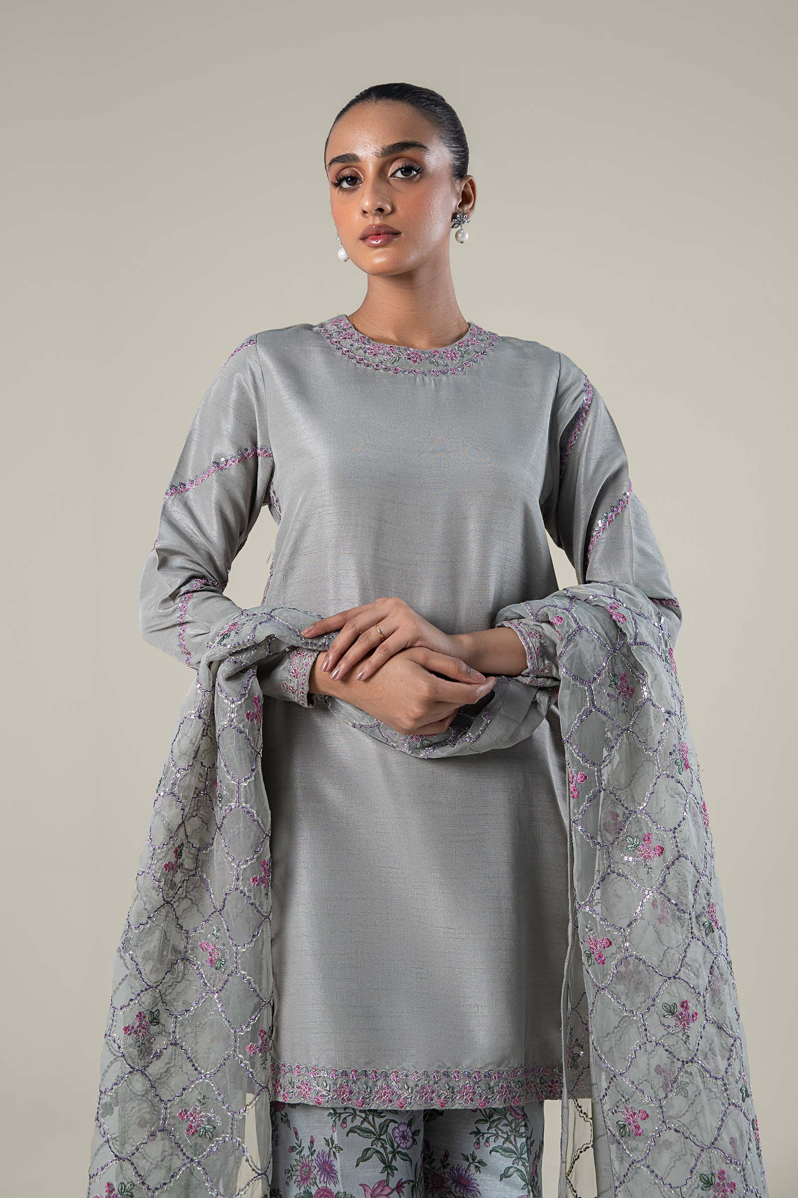 3 Pc Embroidered Raw Silk Suit - Image 2