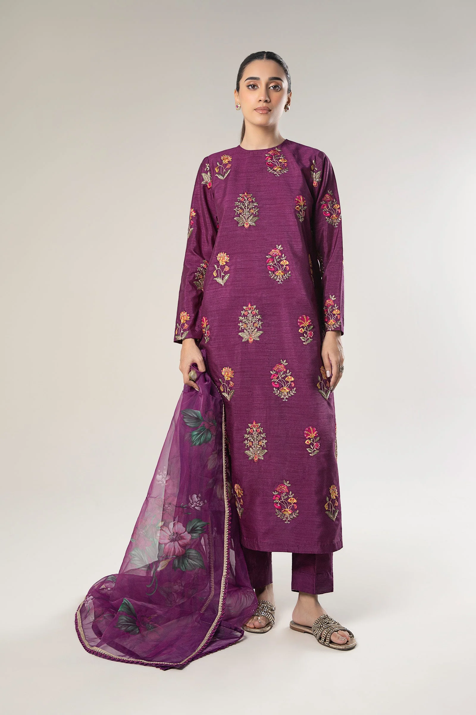 3 Pc Embroidered Raw Silk Suit