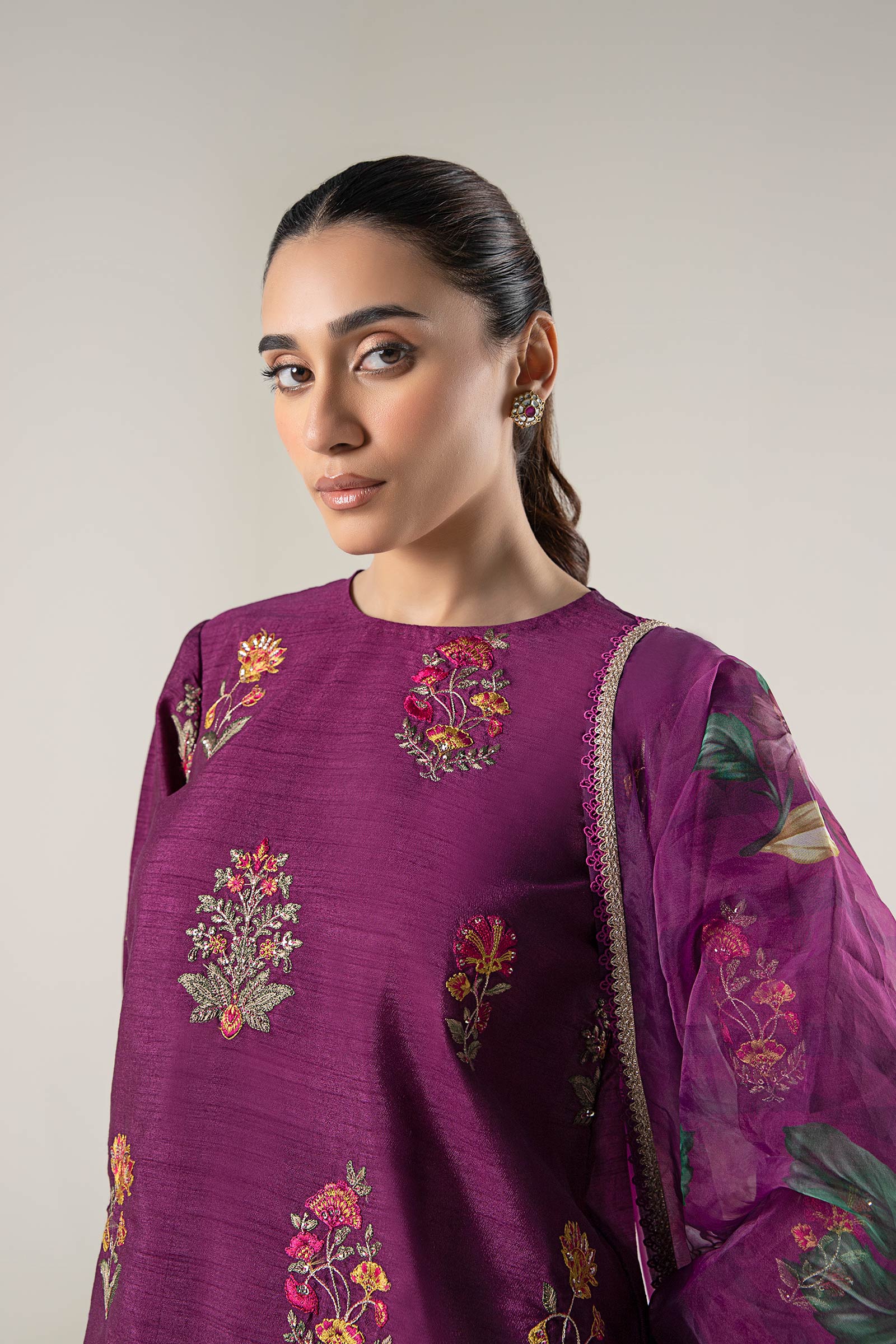 3 Pc Embroidered Raw Silk Suit - Image 2