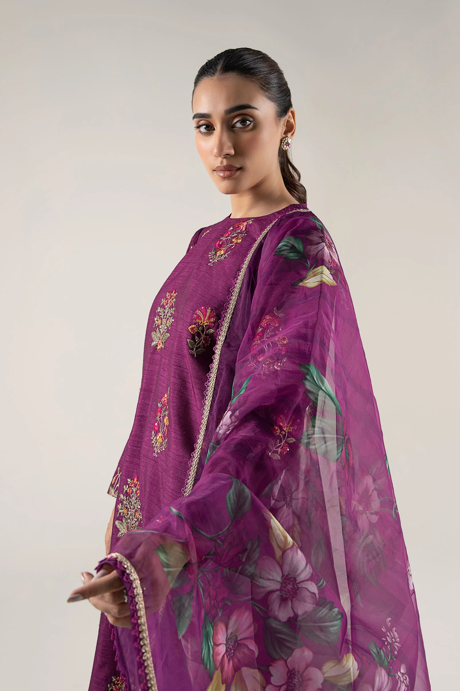 3 Pc Embroidered Raw Silk Suit - Image 3