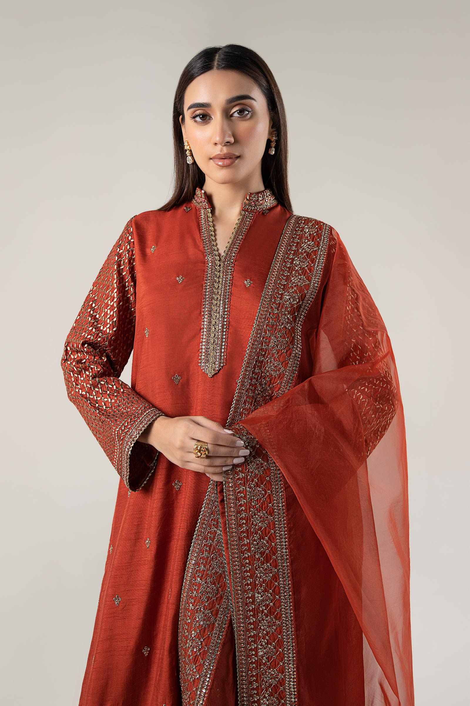 3 Pc Embroidered Raw Silk Suit