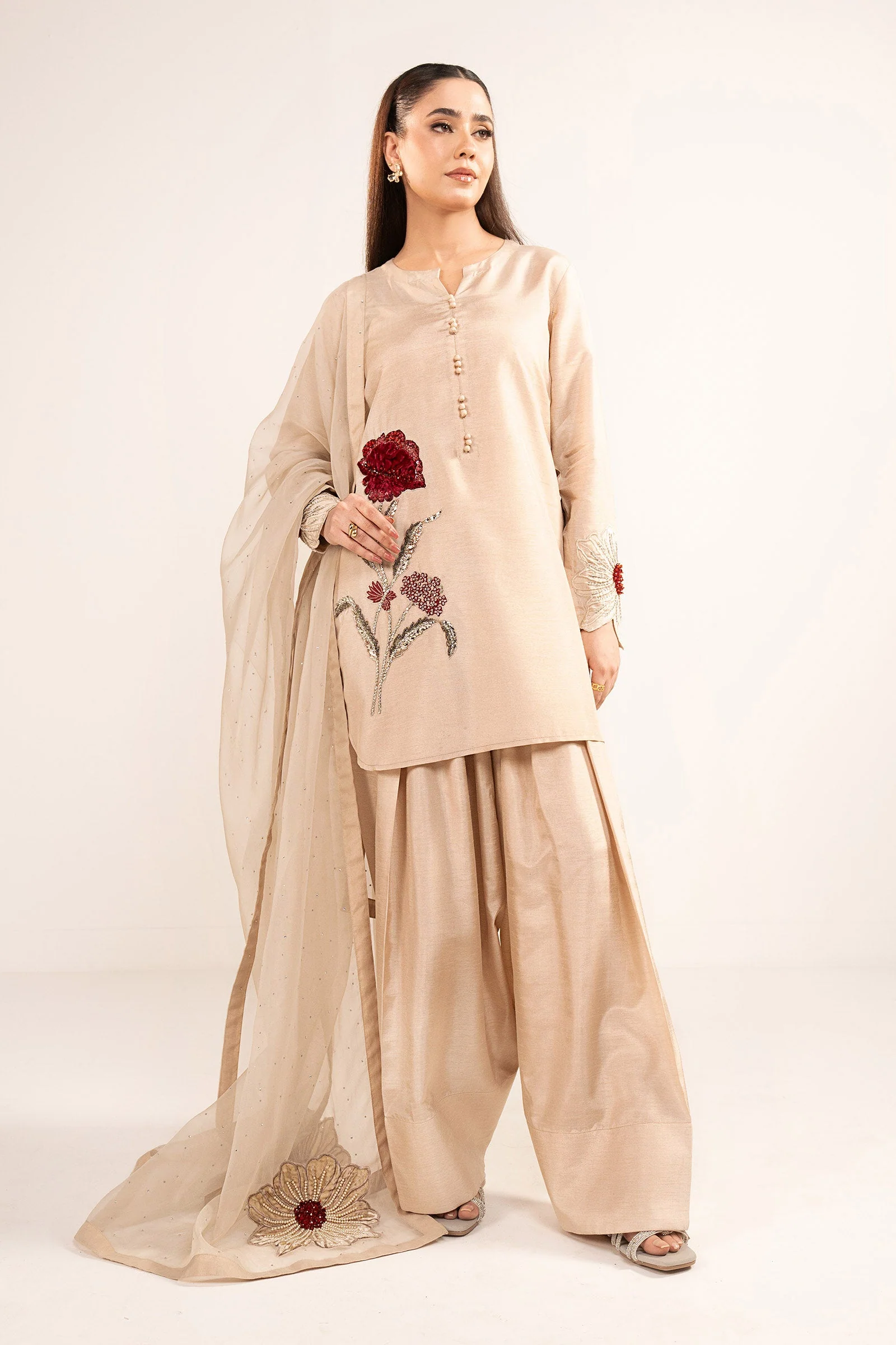 3 Pc Embellished Raw Silk Suit