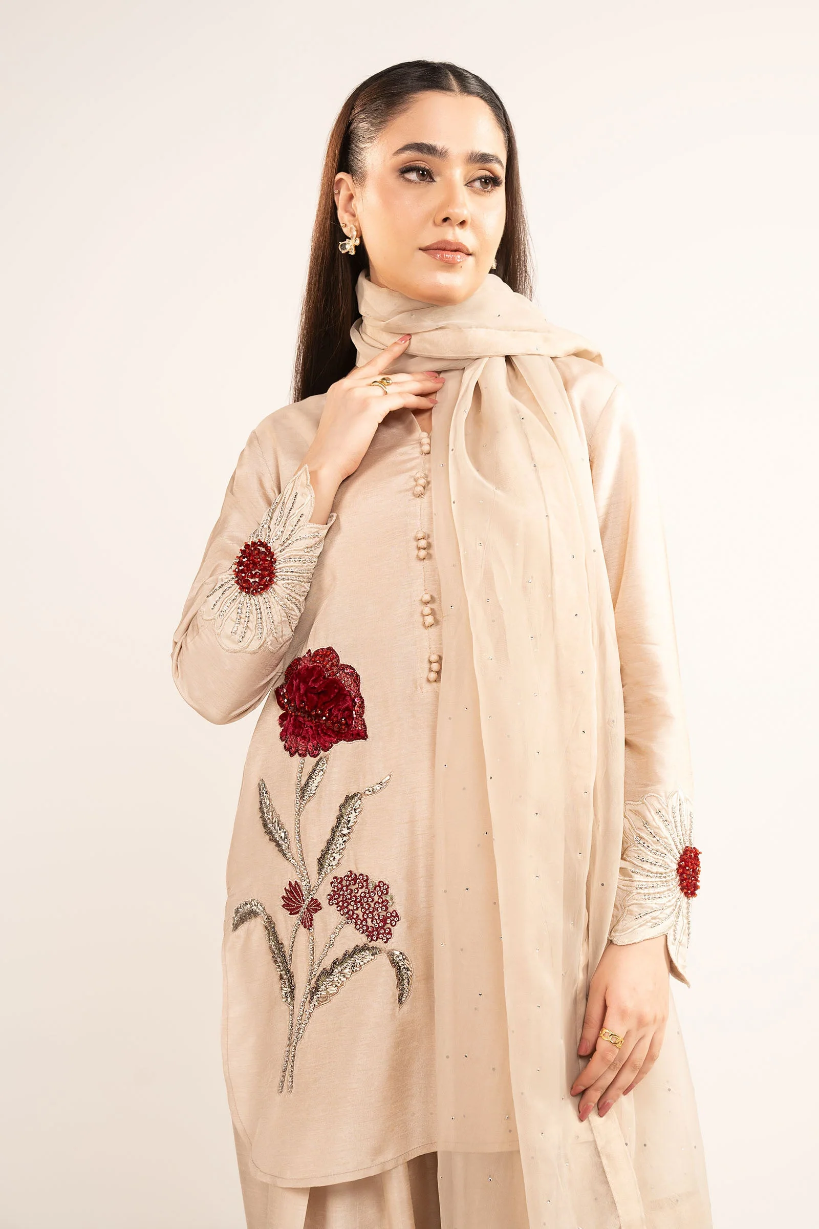 3 Pc Embellished Raw Silk Suit - Image 2