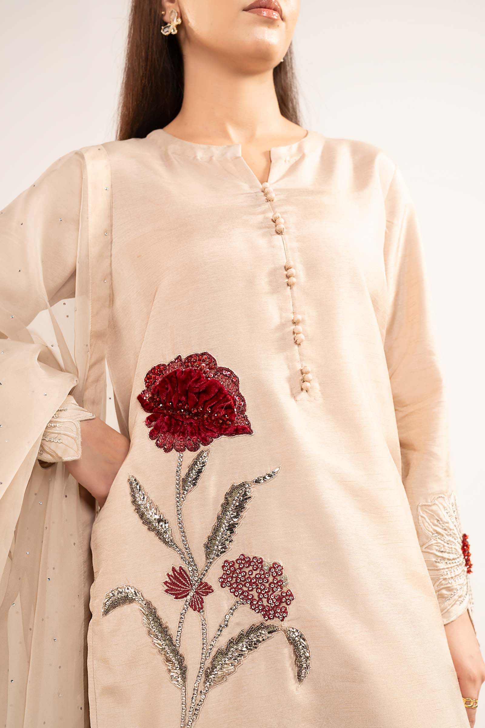 3 Pc Embellished Raw Silk Suit - Image 3
