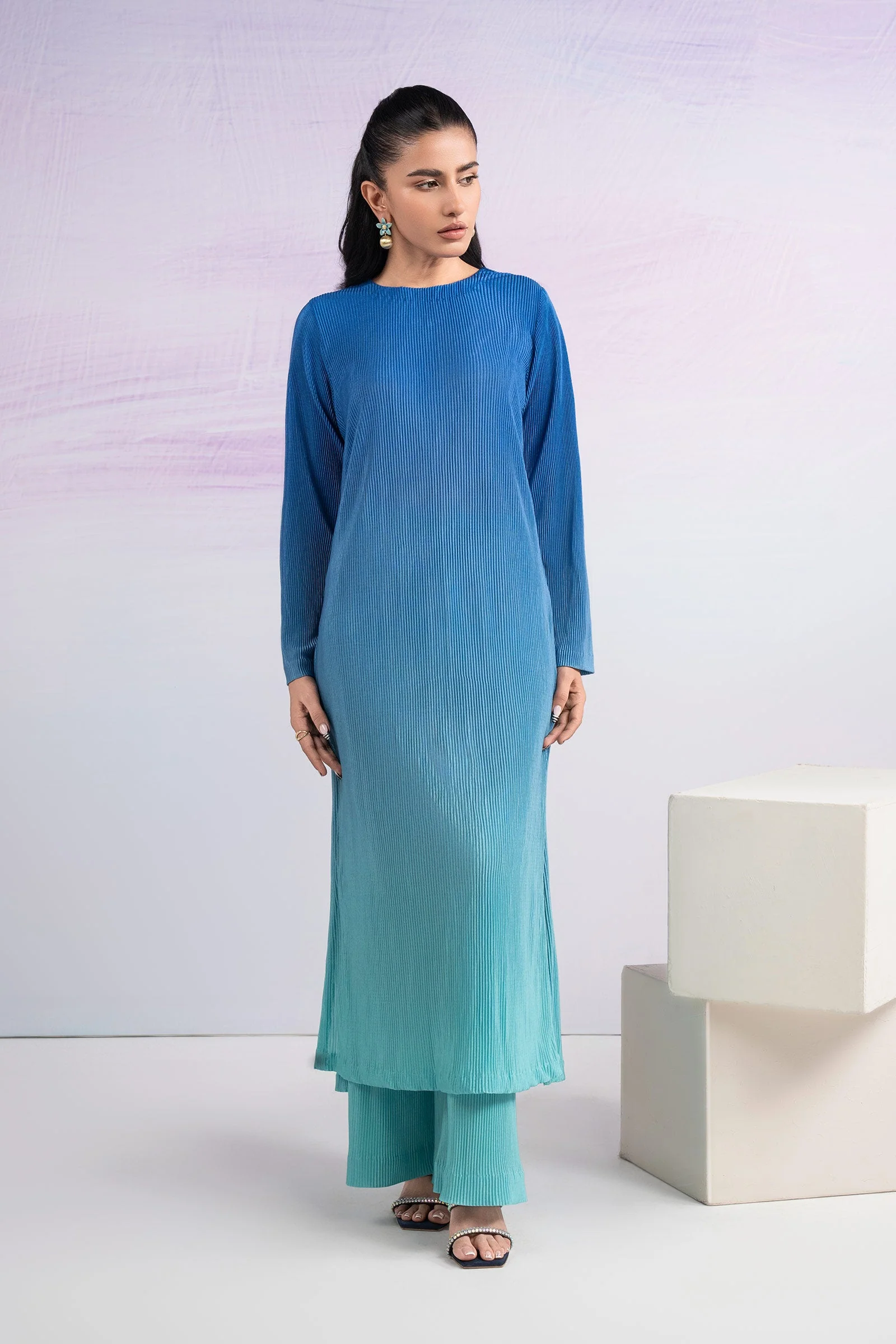 2 Pc Dyed Pleated Silk Striped Suit