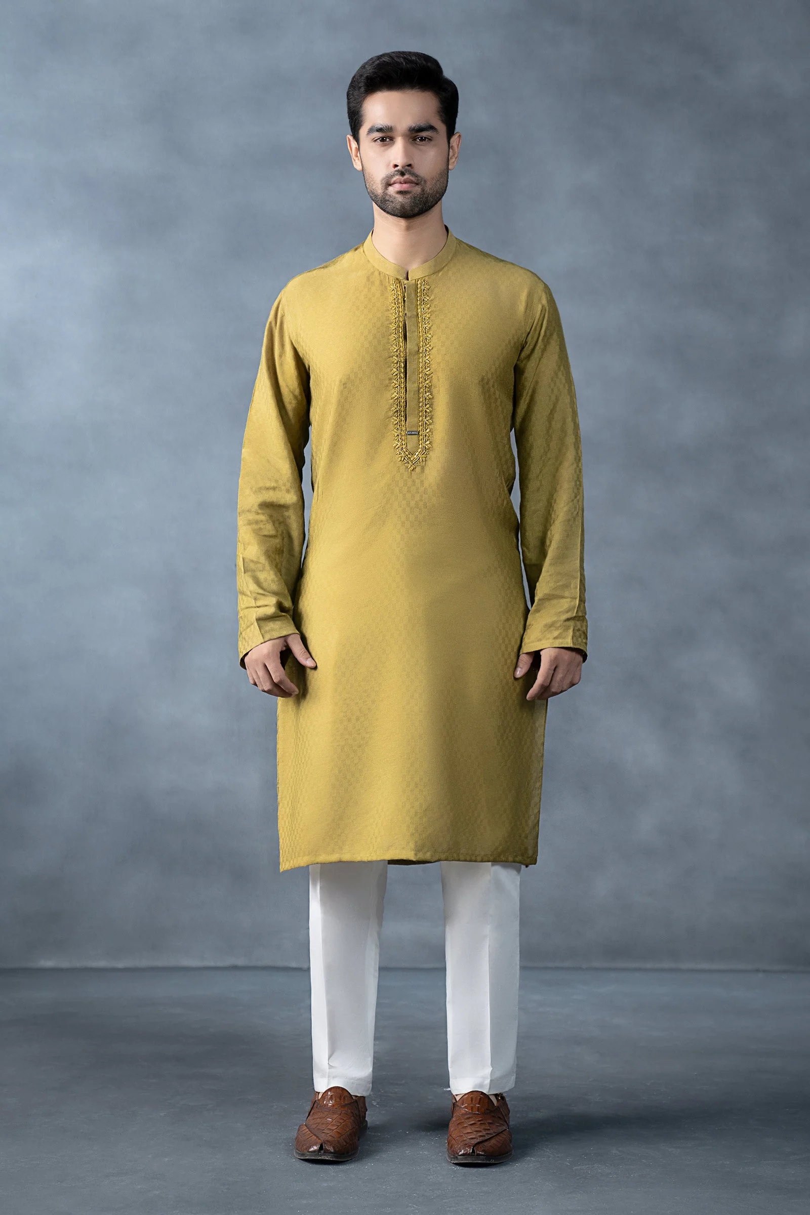 Hand-Embroidered Cotton Jacquard Kurta