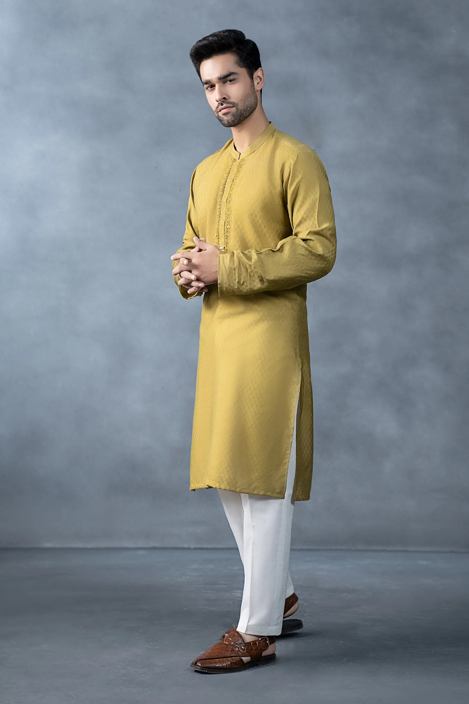 Hand-Embroidered Cotton Jacquard Kurta - Image 5