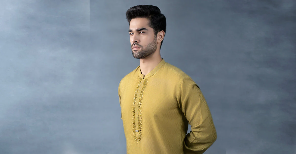 Hand-Embroidered Cotton Jacquard Kurta - Image 7