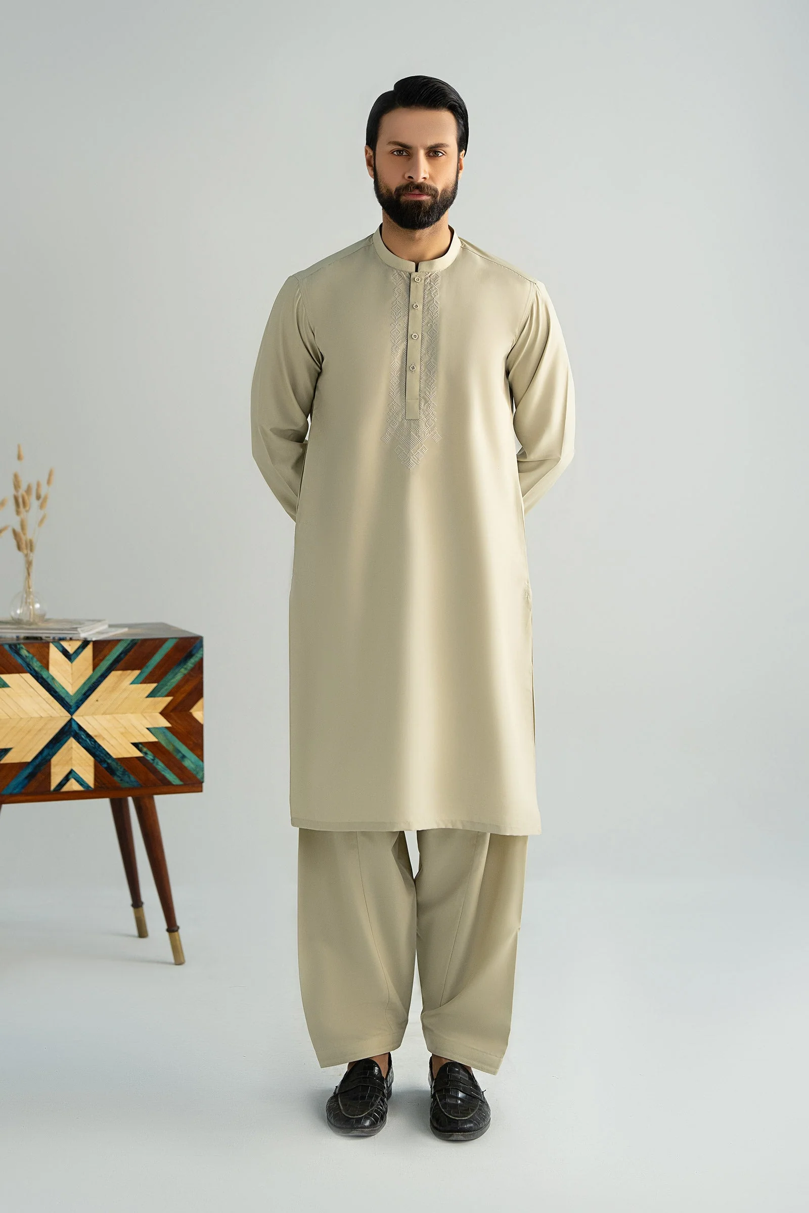 2 Piece Embroidered Blended Suit