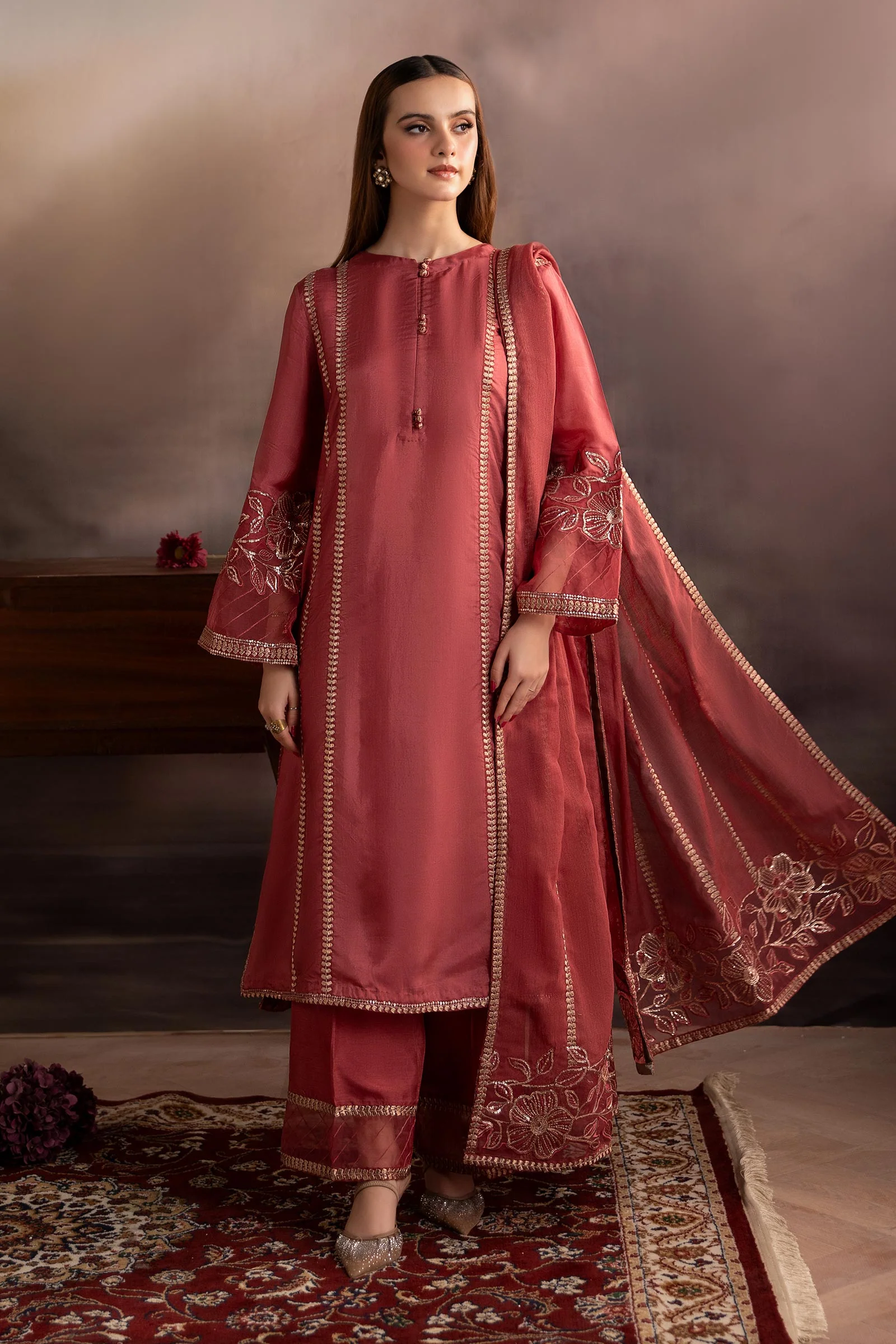 3 Piece Embroidered Tassel Silk Suit - Image 8
