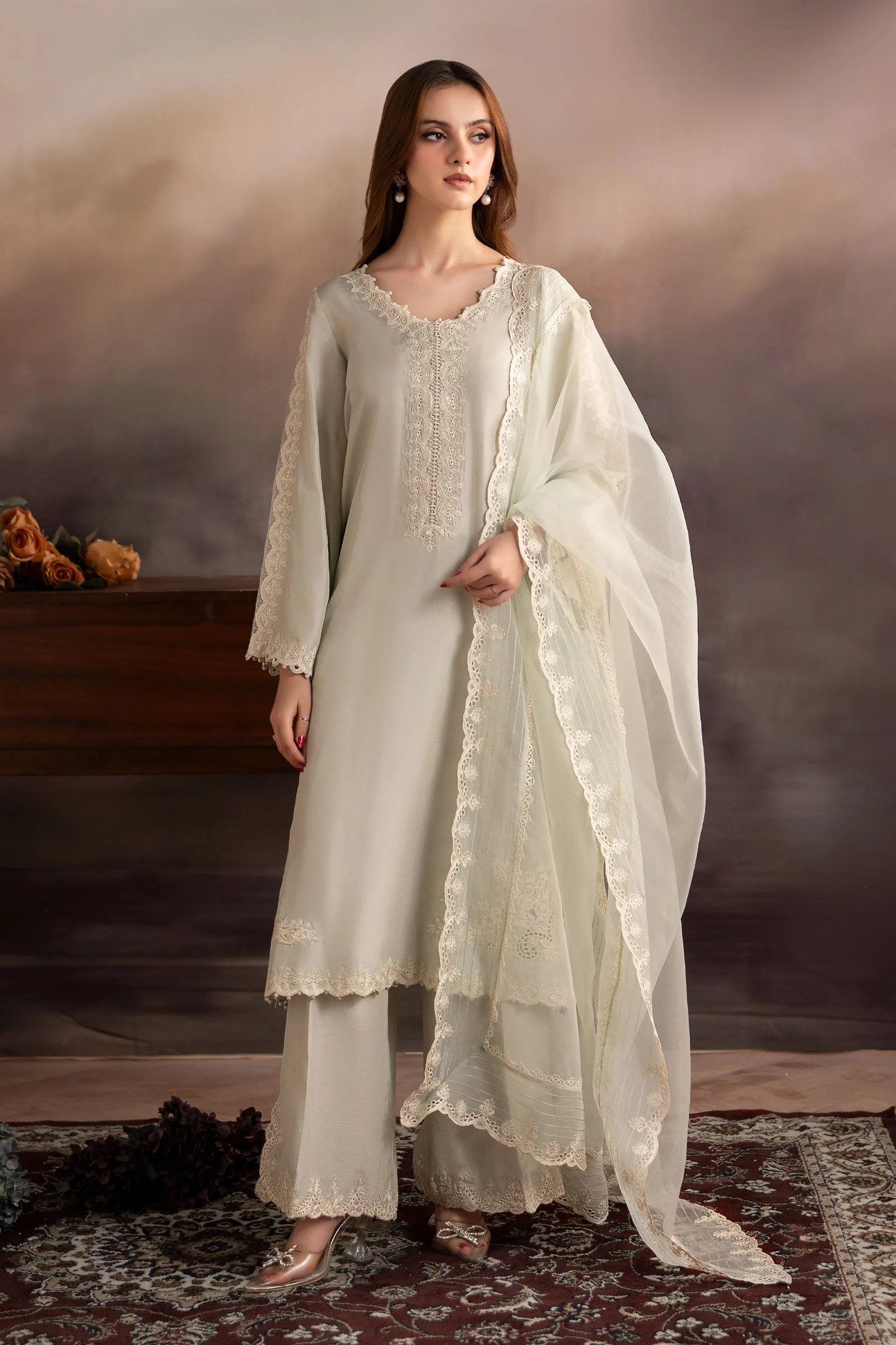 3 Piece Embroidered Tassel Silk Suit