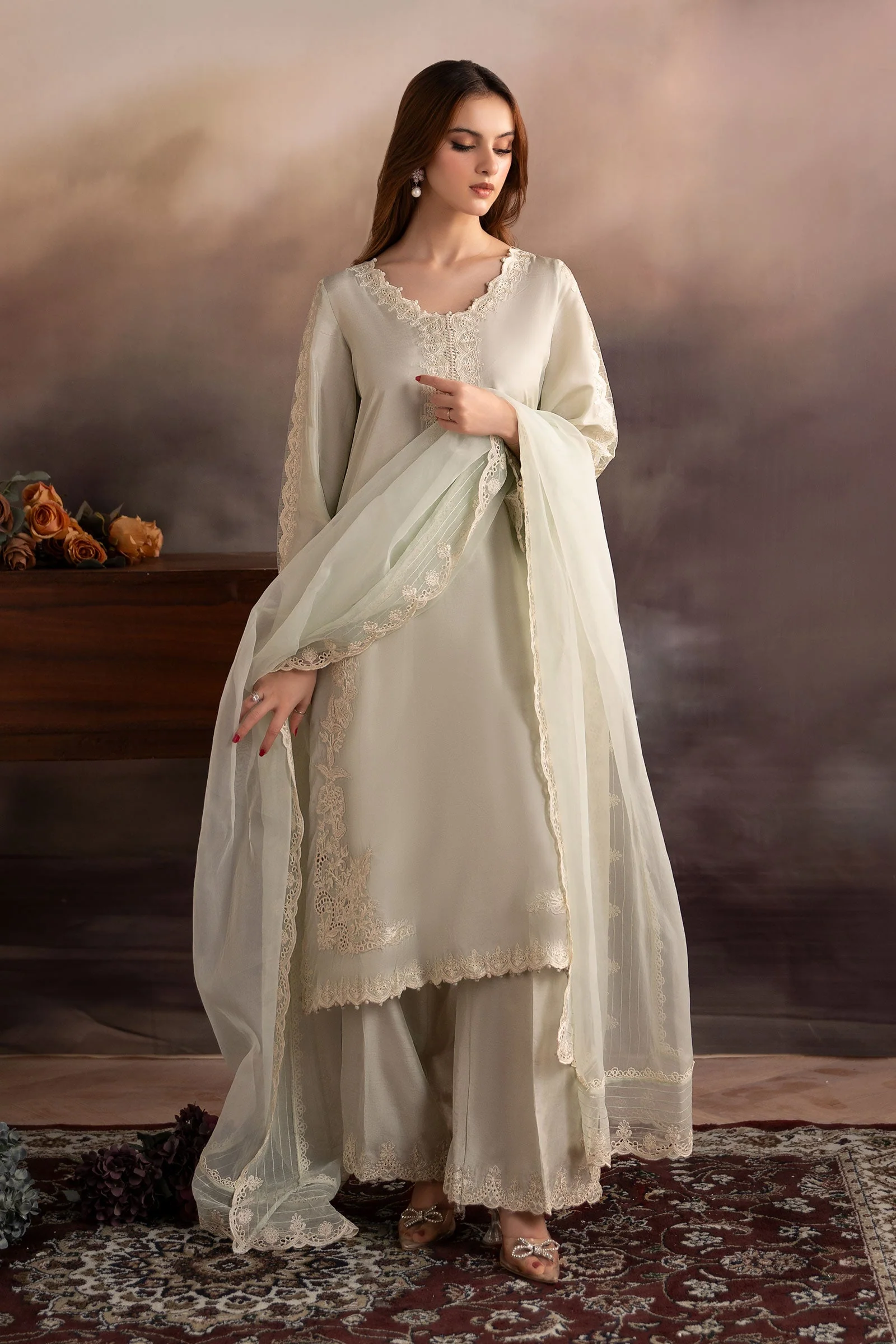 3 Piece Embroidered Tassel Silk Suit - Image 3