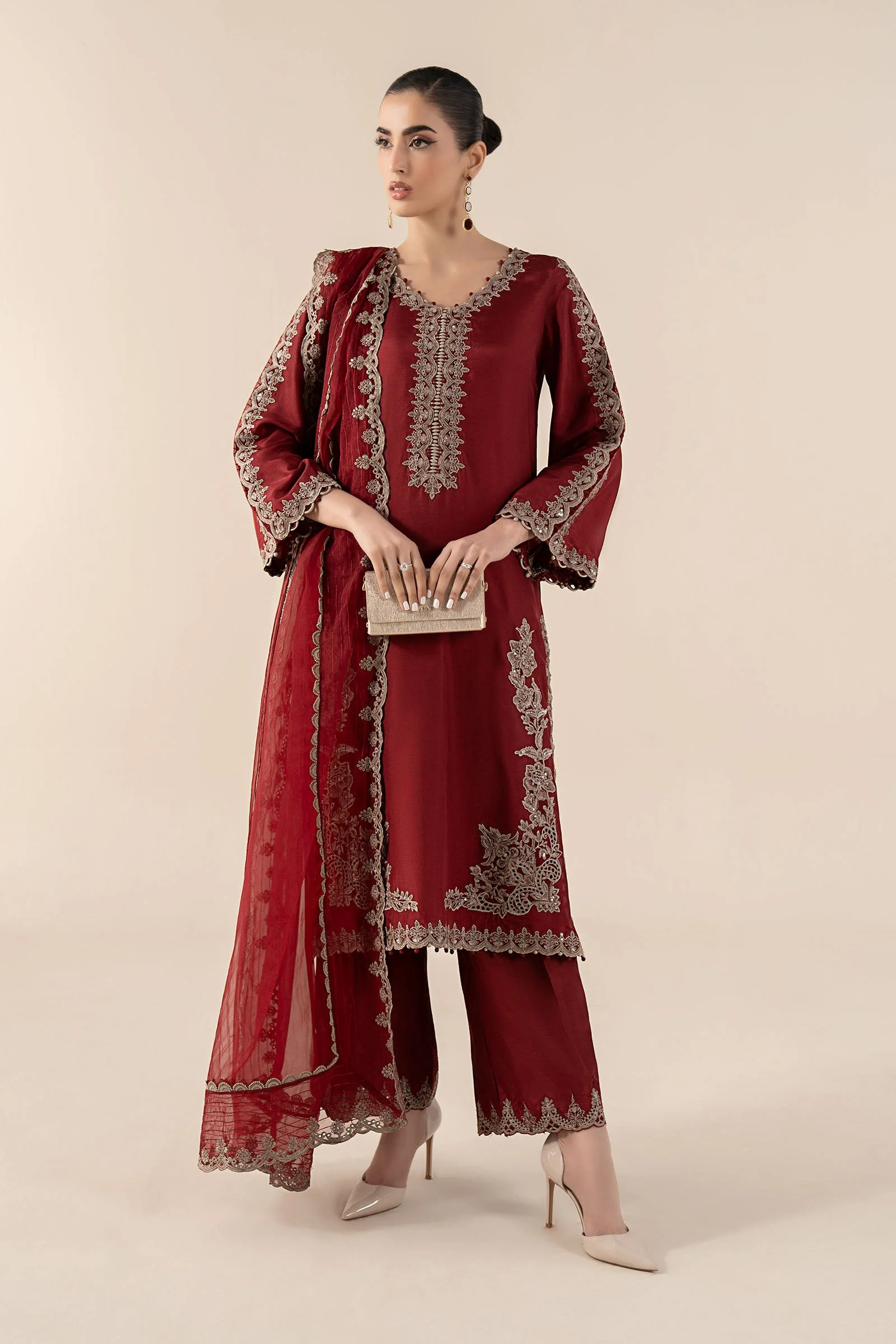3 Piece Embroidered Tassel Silk Suit - Image 3