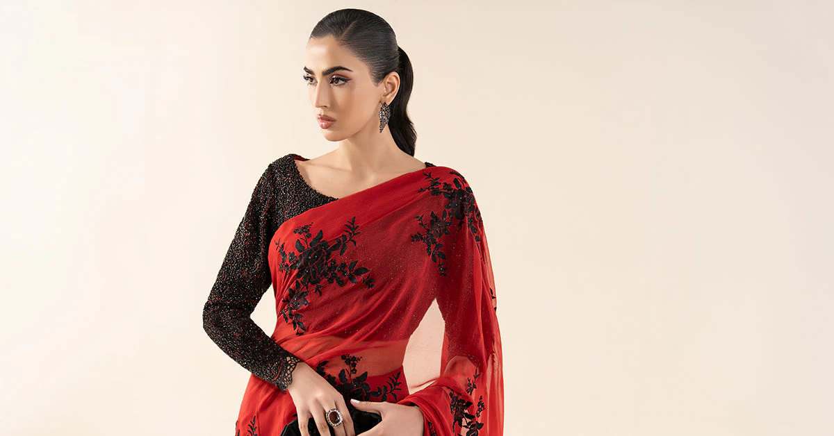 Embroidered Chiffon Saree - Image 6