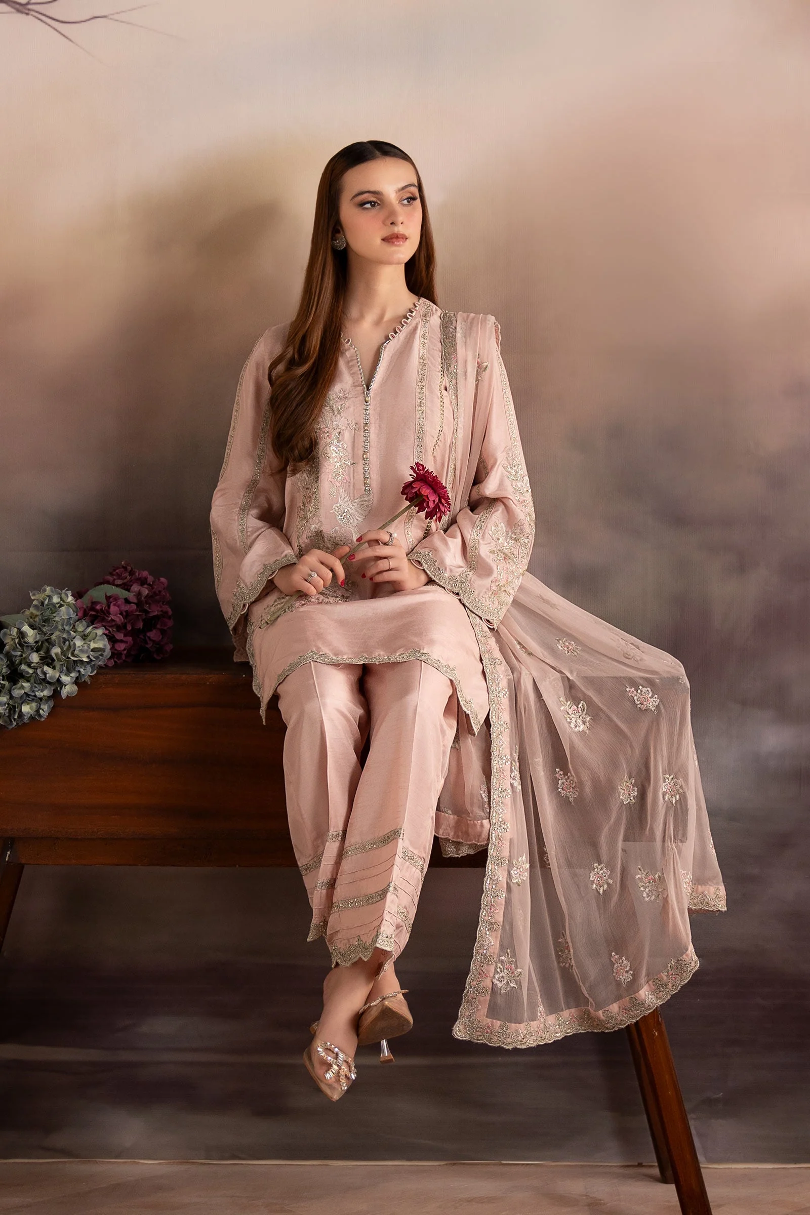 3 Piece Embroidered Raw Silk Suit - Image 3